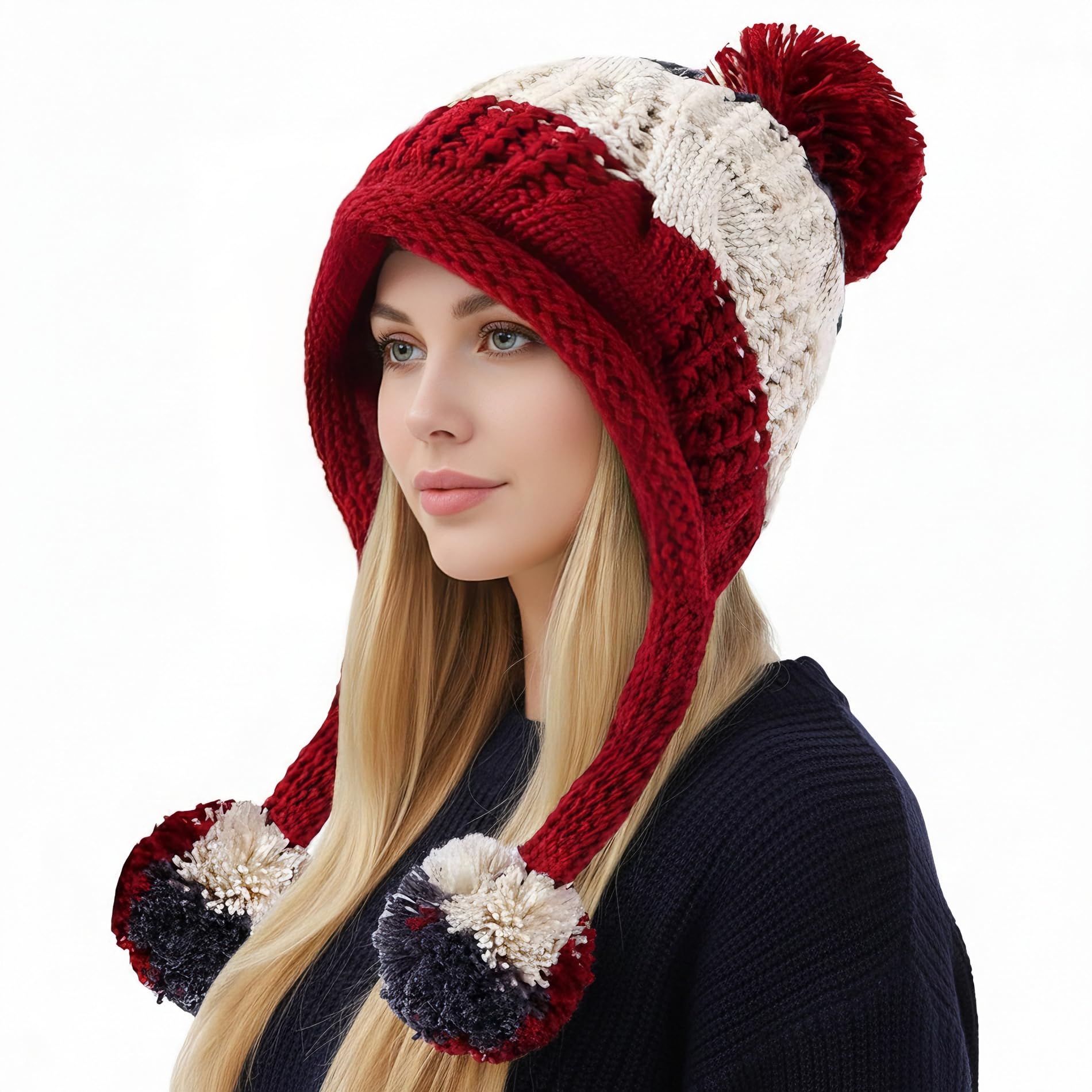 Women Winter Peruvian Cover Ears Beanie Hat Ear Flaps Sherpa Ski Snow Hats Knit Fleece Lined 3 Pom Pom