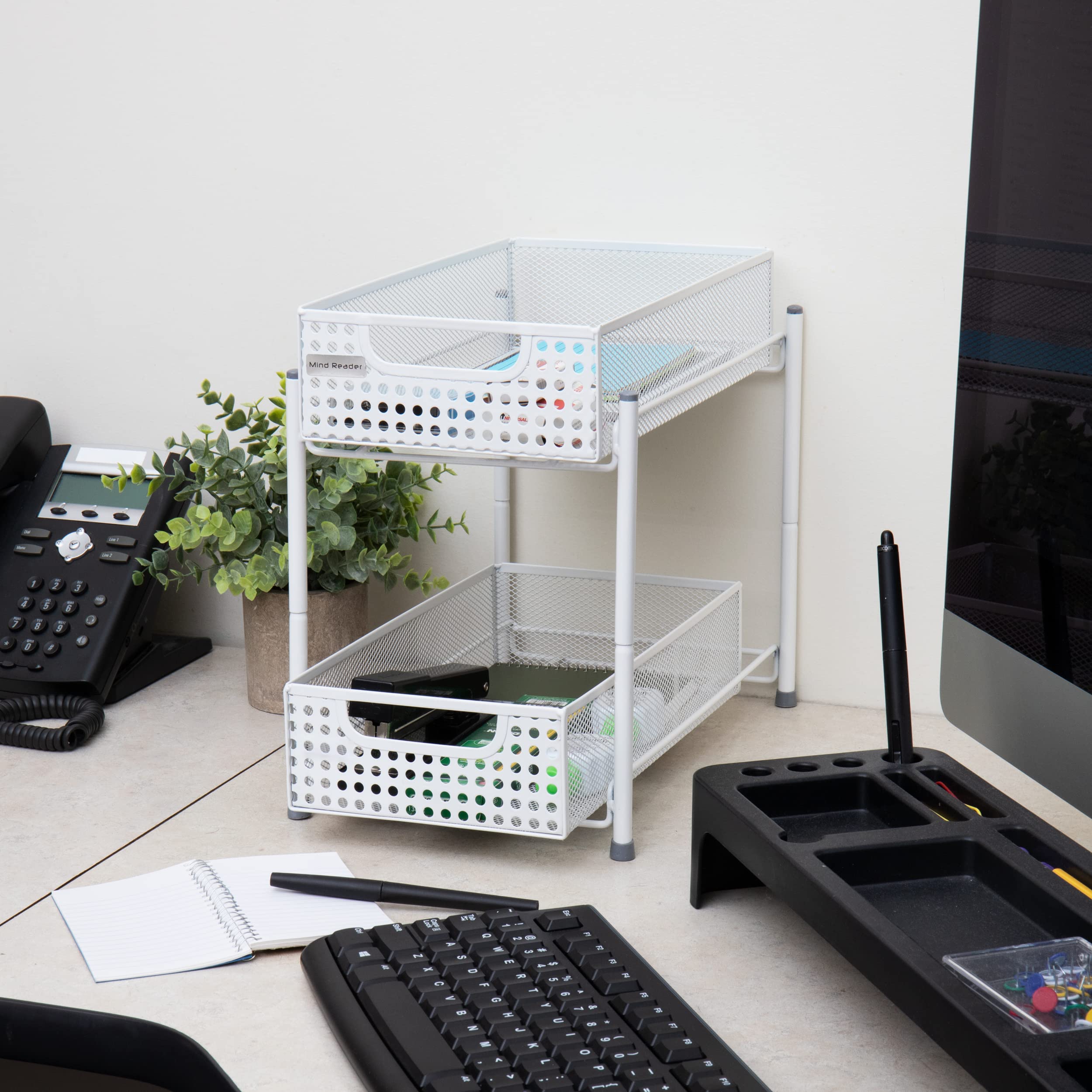 Mind Reader Accessory Organizer, Supply Storage, Desktop, Crafts, Office, Metal Mesh, 8"L x 12.5"W x 11.25"H, White