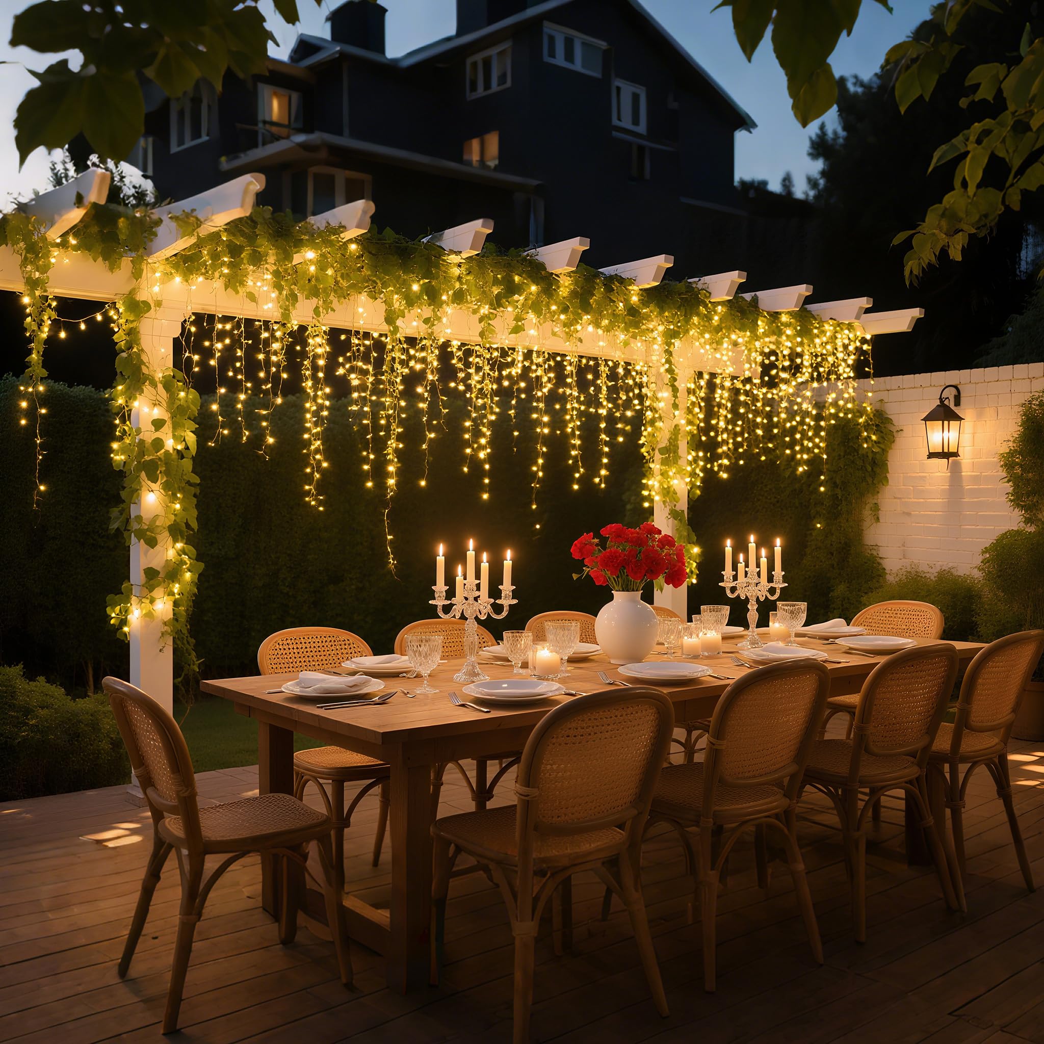 UISEBRT Tenda Luminosa Esterna 15M 600 LED, Catena Luci Nataliazie con 8 Modalità, IP44 impermeabile, Bianco Caldo, per Interno, Esterno, Giardino, Natale, Matrimonio, Feste, Halloween