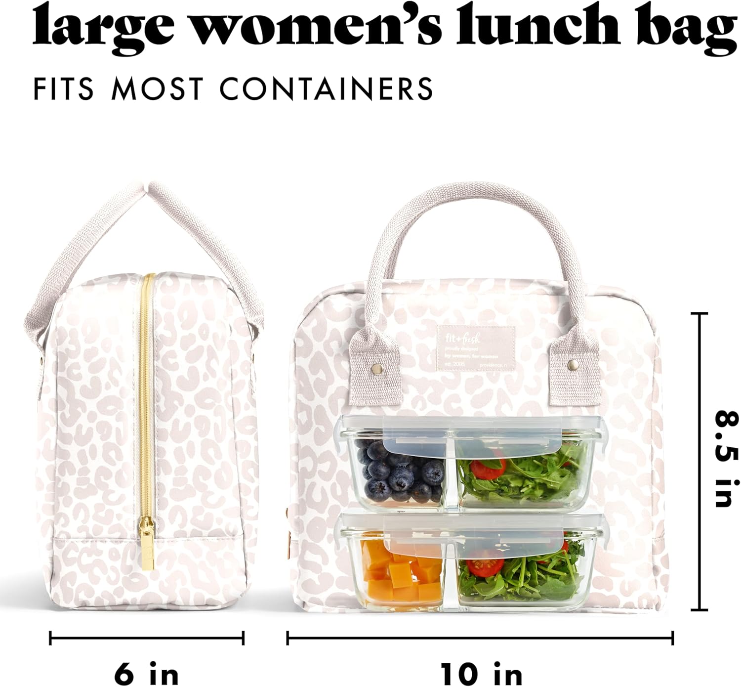 Fit & Fresh Bloomington Lunch Bag for Women - Insulated Large Lunch Box for Work with Containers, Leak-Resistant, Stain-Resistant, Zipper Closure, Feline Fine Ivory