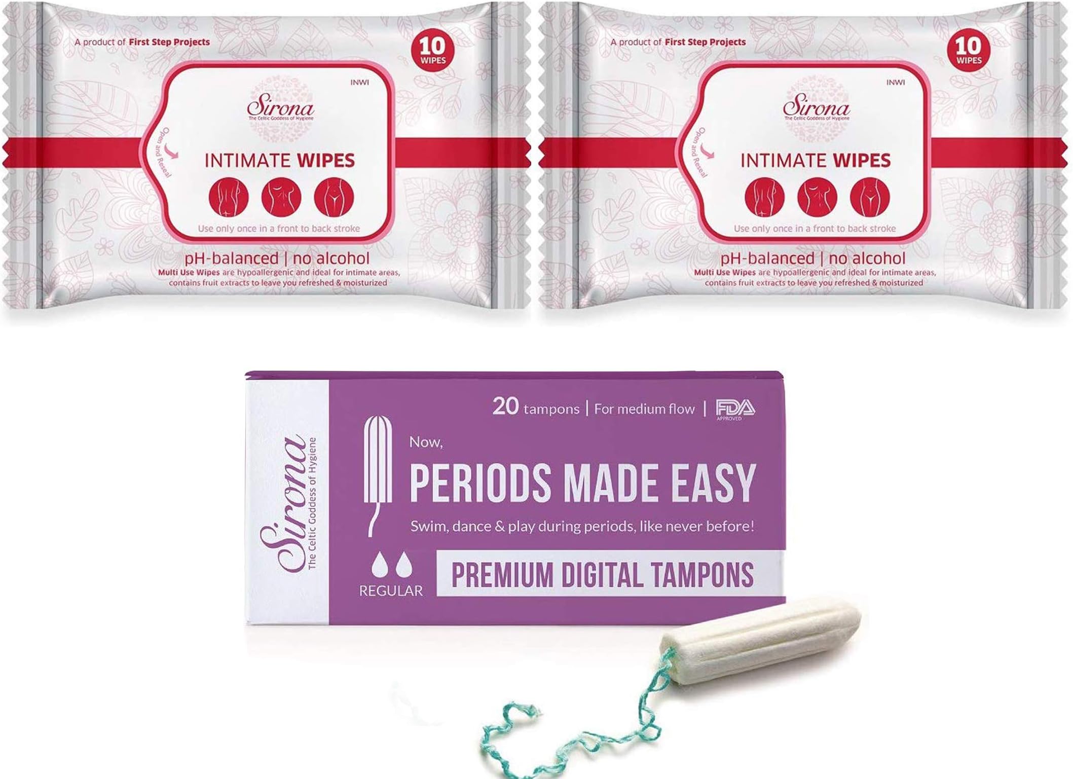 Sirona 20 Regular Tampons, 15 Disposal Bags & 10 Wipes