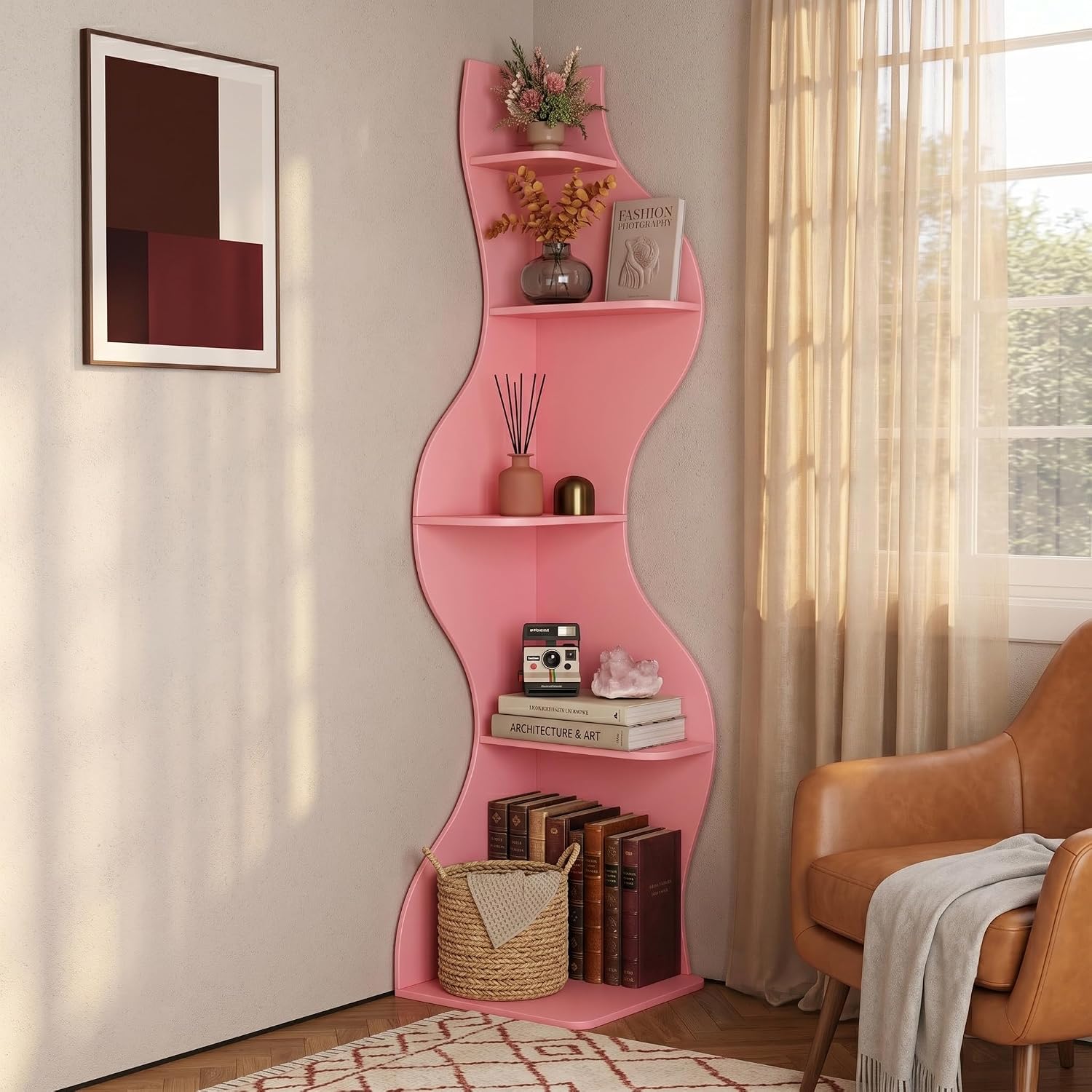 YOWOS 69.4" 5-Tier Modern Corner Bookshelf – Wavy Wooden Display Shelf with Storage, Narrow Corner Bookcase for Small Spaces, Ideal for Plants, Books & Decor (Pink)