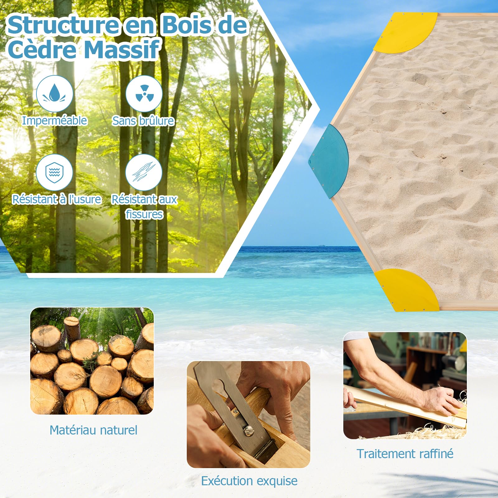 DREAMADE Bac à Sable en Bois, Boîte à Sable Enfants avec Sièges, Bac à Sable Extérieur pour Jardin, Plage, Pelouse (Hexagone Jaune)
