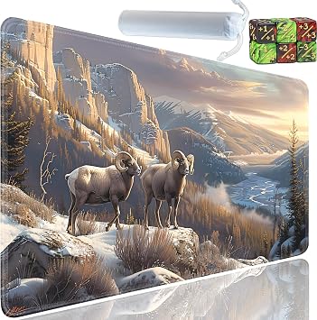 Playmat for MTG, 24x14 Inches Playmats, for TCG and CCG Trading Card Game Mat, Non-Slip Rubber for MTG Playmats with A Storage Bag and 6 Dice Set, Antelope in The Mountains Pattern