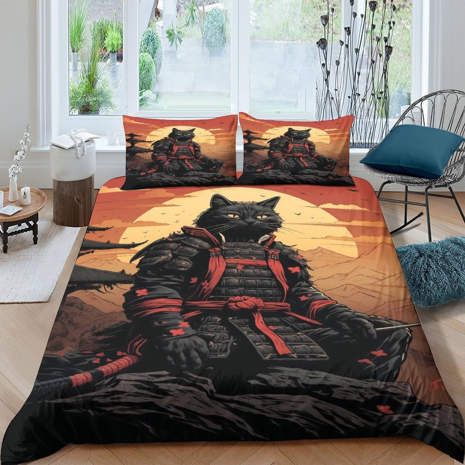 GPLZQXKJNH 3D Printed Samurai Cat Duvet Cover Microfiber Soft Breathable Japanese Sunset Bedding Set with 2 Pillowcases for Bedroom Home Decor Single（135x200cm）