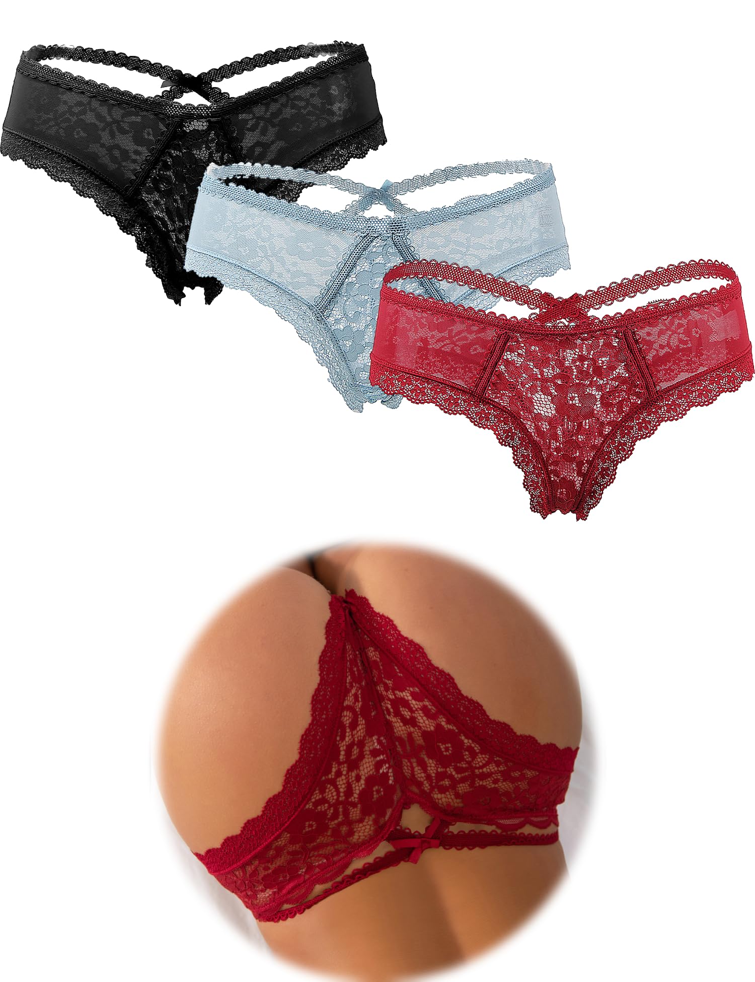 ohmydear Women's Plus Size Sexy Lace Thong Floral Underwear Criss Cross Bikini Panties Tangas Briefs XS-4XL