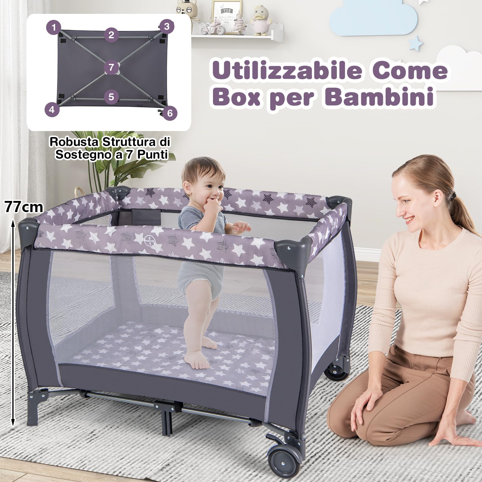 COSTWAY 3 In 1 Lettino da Campeggio per Bambini, Lettino con Materasso Portatile per Neonati, Culla Pieghevole per Neonati con Fasciatoio, Carillon e Ruote con Freno, per Bambini 0-36 Mesi (Grigio)