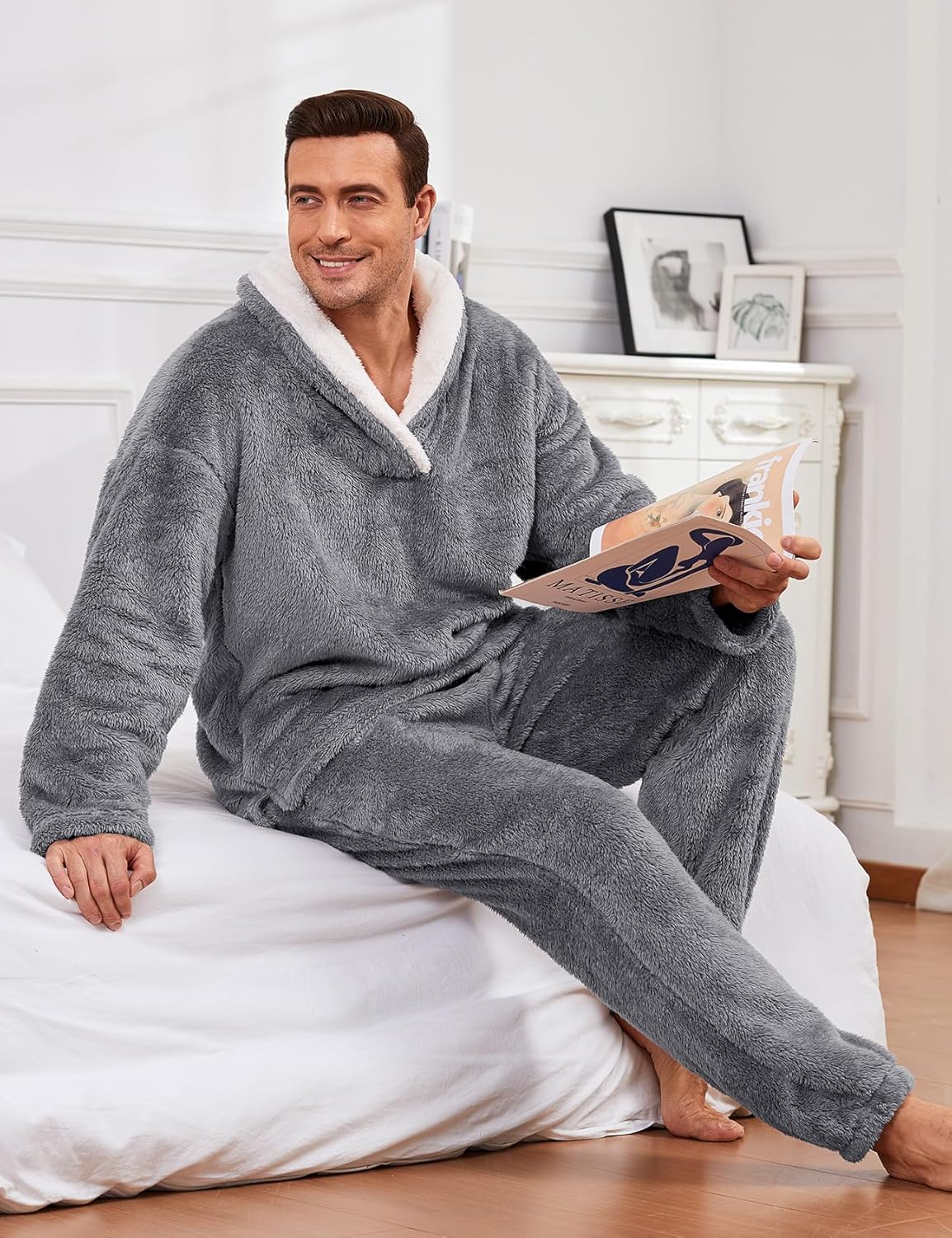 Kissonic Mens Fluffy Coral Pajamas Set Soft Fleece Winter Pjs Loose Plush Warm Loungewear Sleepwear - Image 5