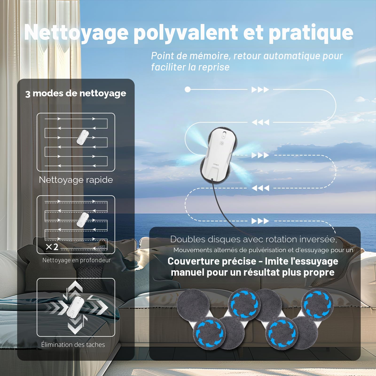 Fmart T11 Robot nettoyeur de vitres avec 10 chiffons, système de pulvérisation automatique à quatre voies avec triple système de sécurité, navigation intelligente, télécommande, pour toutes les