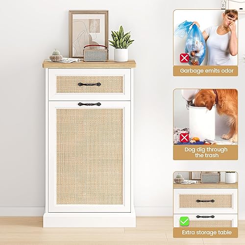 Miniatura 7 de IDEALHOUSE Gabinete de basura de ratán inclinable, armario de basura oculto de 10 galones, soporte de almacenamiento independiente para cocina,