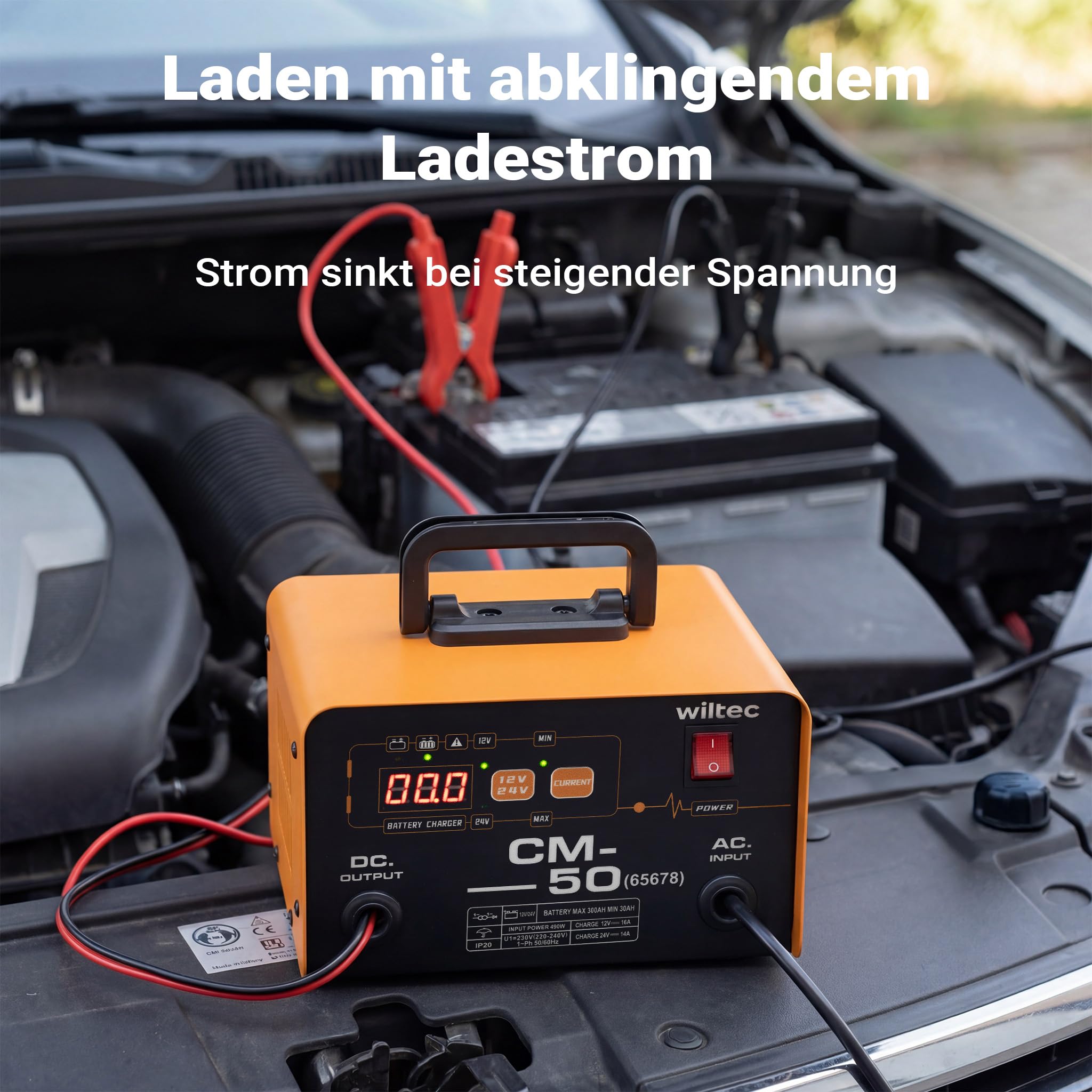 Wiltec Ladegerät 12-24 V, 16 Ah, 30-300 Ah für Autobatterie Kfz und Motorrad Starthilfe 490 W, intelligenter Lader mit LCD-Display und Tragegriff