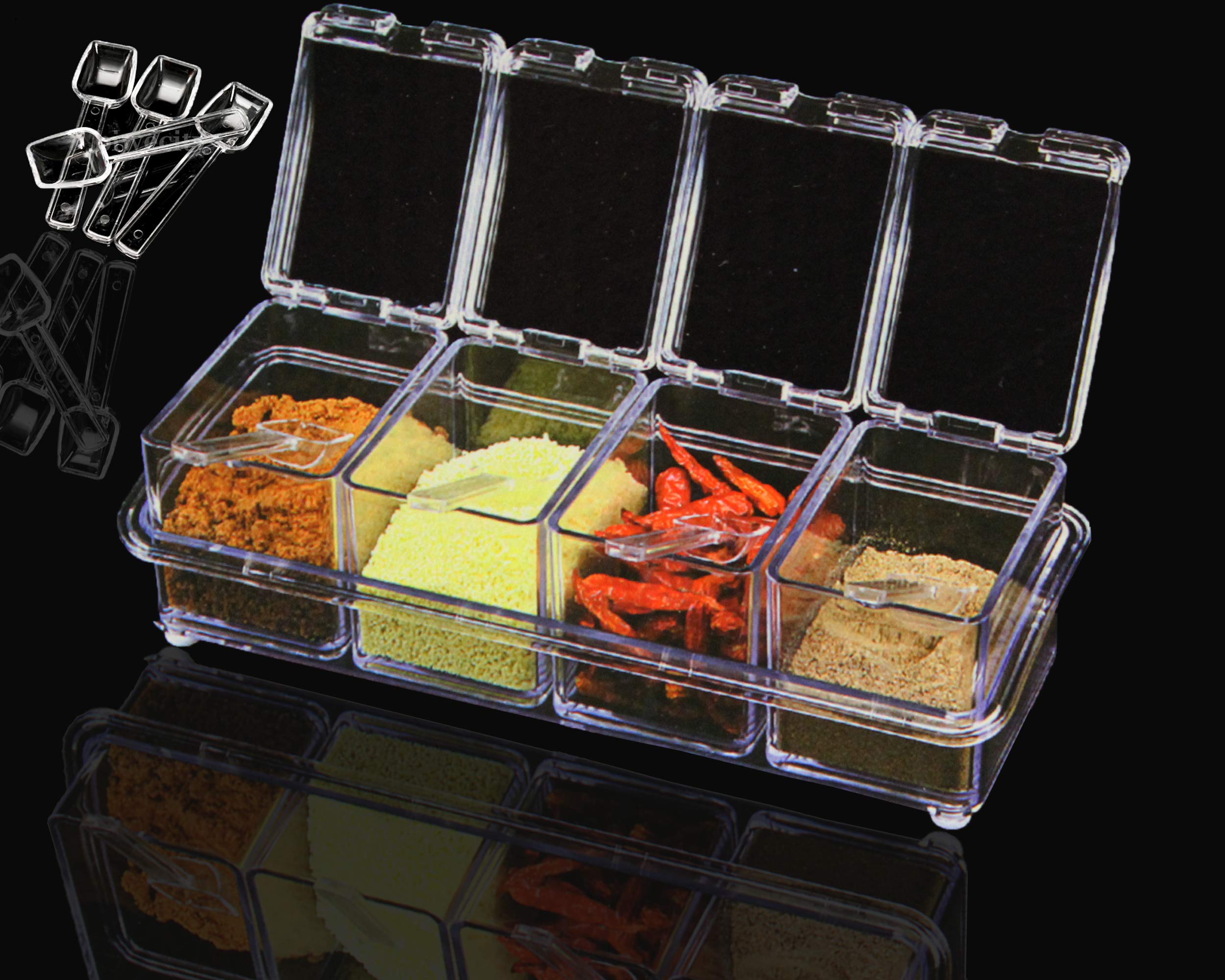 FARKZIQ New 4Pcs Seasoning Set Crystal Acrylic Spice Dispenser Jar Cruet Kitchen Salt Box Storage Container Condiment Jars Cruet with Cover Spoon-Kitchen Utensils Supplies
