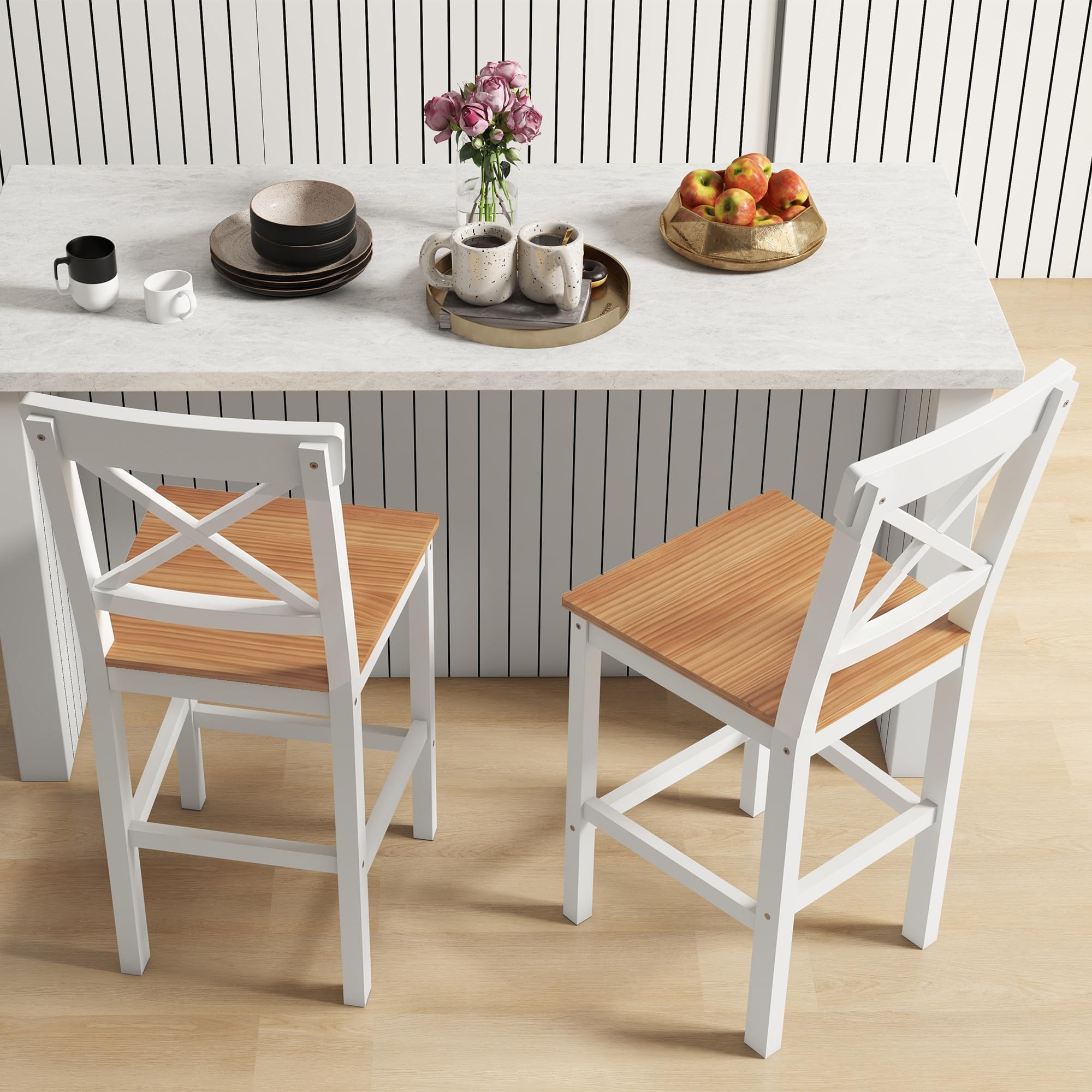 HOMCOM Conjunto de 2 Taburetes de Bar Altura Asiento 60,2 cm Taburetes de Cocina de Madera con Respaldo y Reposapiés Carga 120 kg para Comedor Salón Natural y Blanco