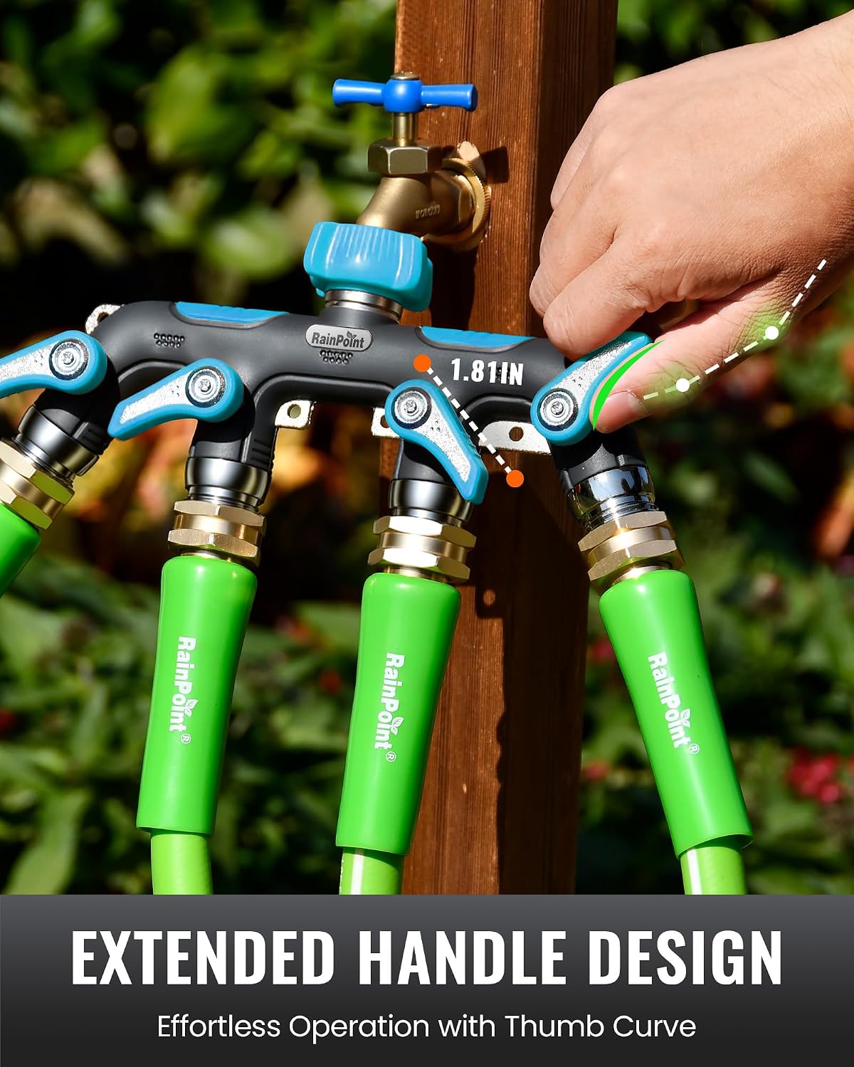 RAINPOINT 4 Way Garden Hose Splitter, 100% Metal Heavy Duty Water Hose Splitter with Individual Shut-Off Valves, 3/4" GHT High Flow Outdoor Faucet Splitter, 1.81" Extra Long Handle (Blue)