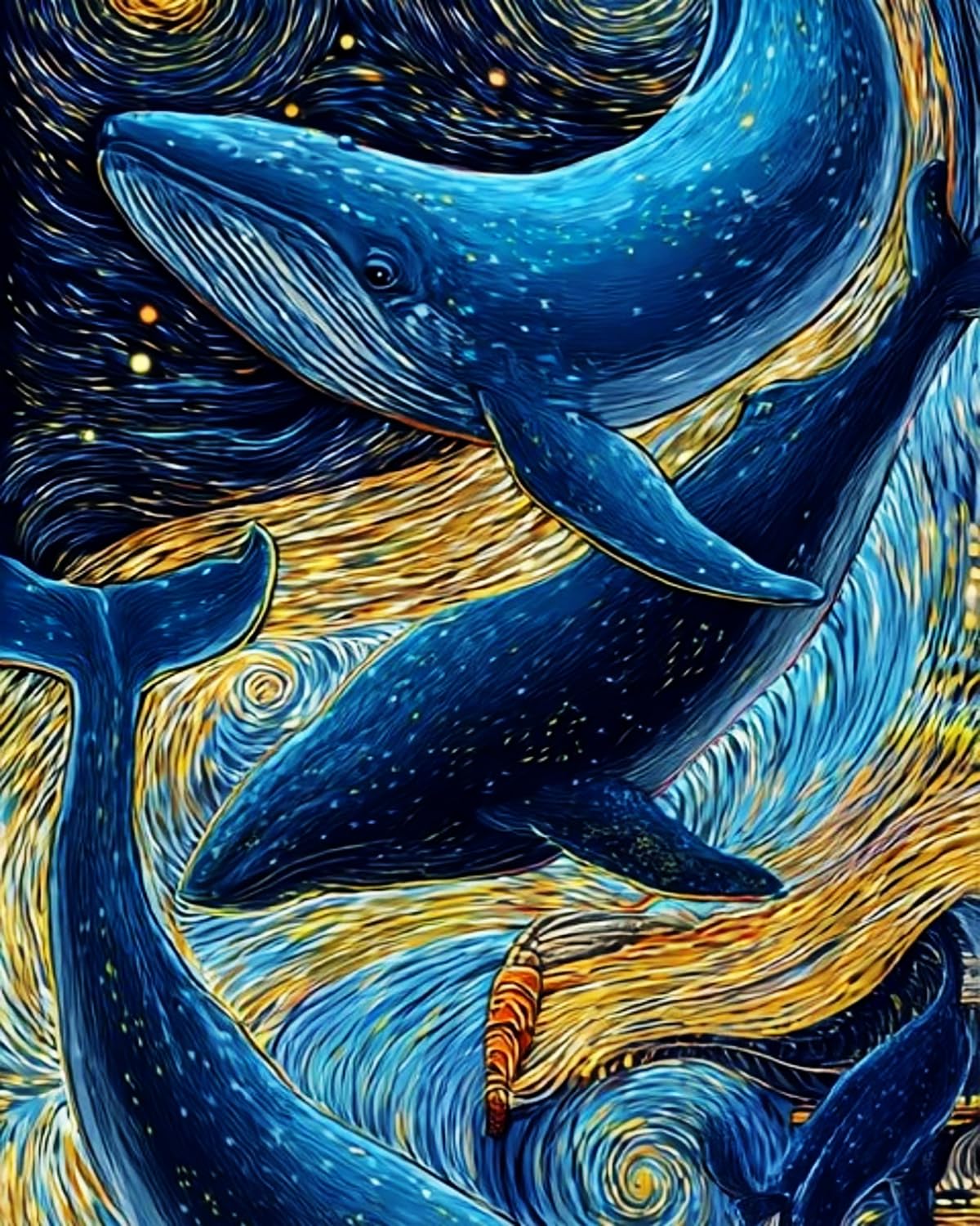 Liubaishi Blue, Gold, Black Paint By Numbers For Adults, Starry Sea Whale Dream, 40X50 Cm Acrylic Canvas Painting Kit With 3 Brushes