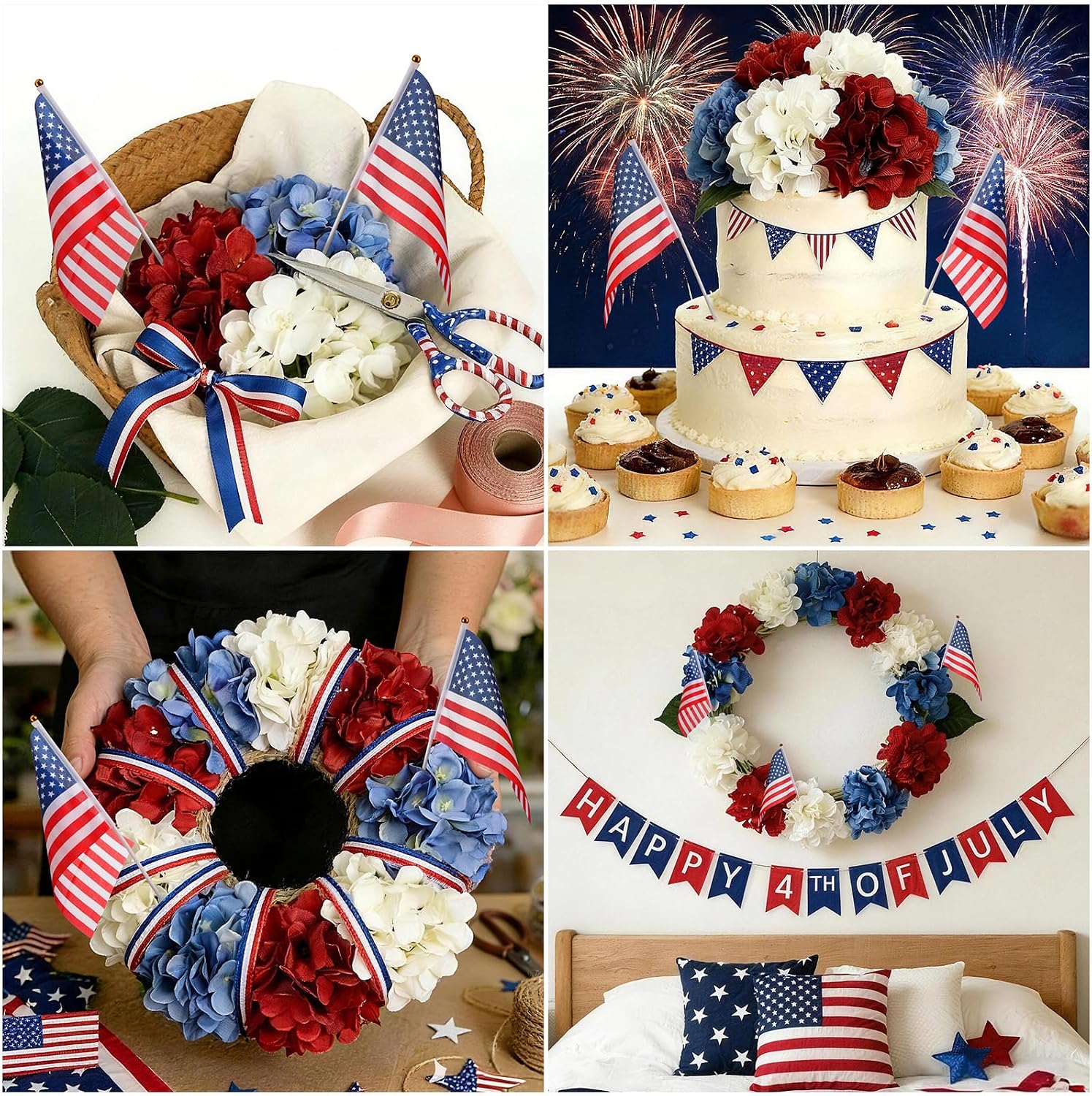 24 Pcs 4th of July Artificial Hydrangea Flowers with 4 Pcs American Flags Red White Blue Decorations Memorial Day Patriotic Flowers for 250th Anniversary Vase Porch Patio Yard Table Decor