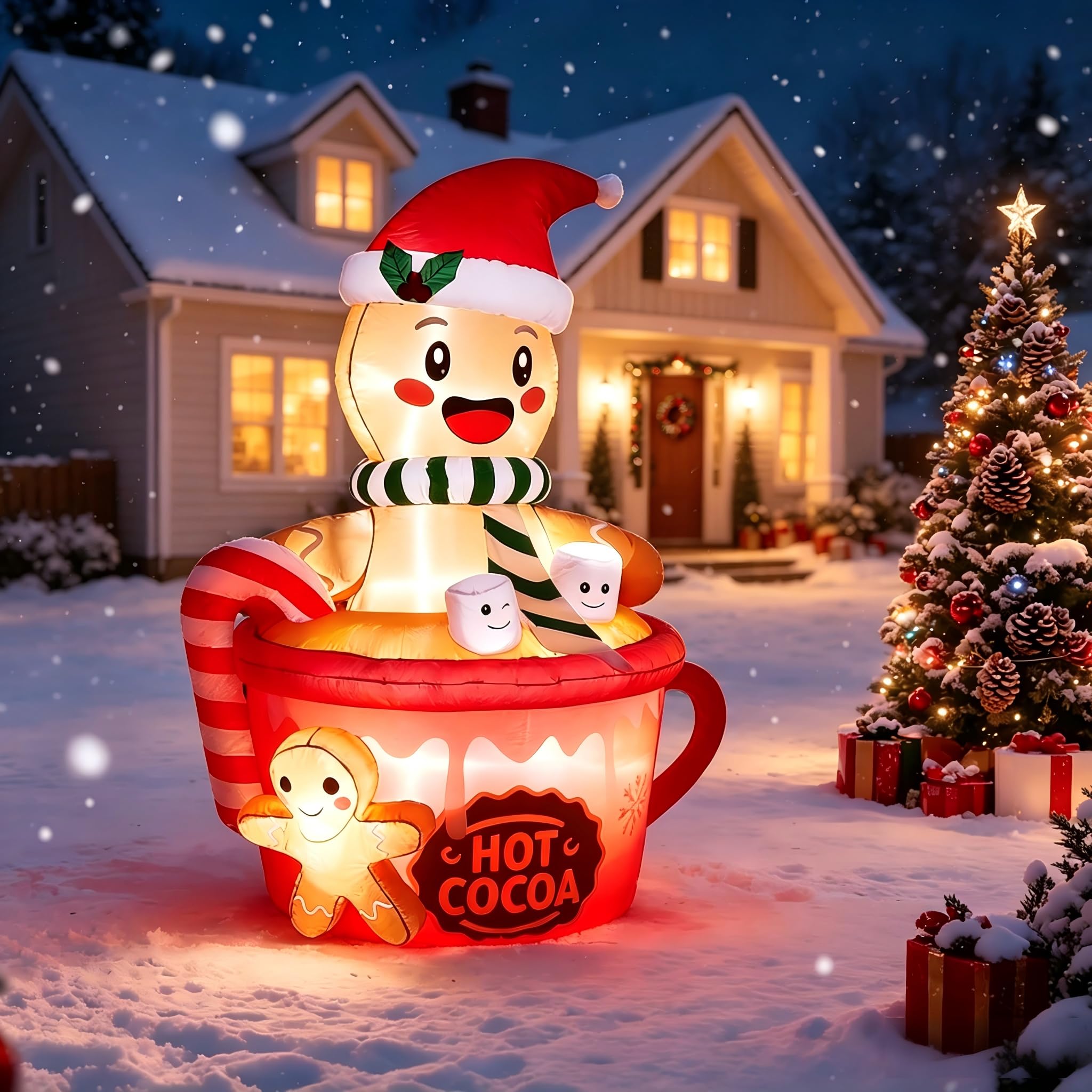 Bonnlo 180 cm Aufblasbarer Lebkuchenmann im Tassen-Design – 5 LEDs, Wetterfest, inklusive Befestigungsmaterial, Weihnachtsdeko Aufblasbar für Innen & Außen