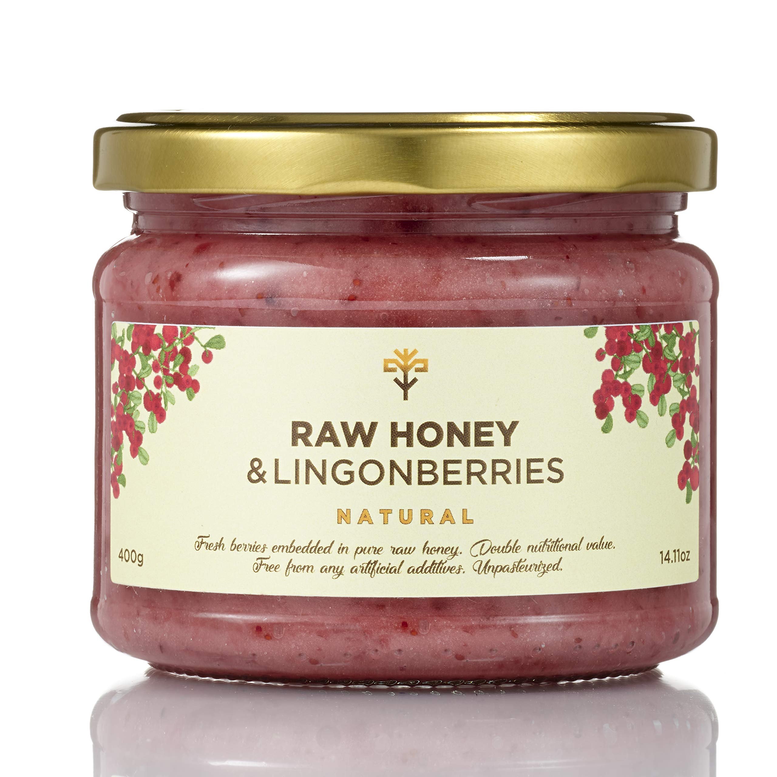 Earthbreath Raw Honey with Lingonberries - 400g - Honey with Multiple Flavours - Sea Buckthorn - Ginger - Strawberries - Raspberries - Black Currant - Cherries – Cranberries - No Additives, Sugar Free