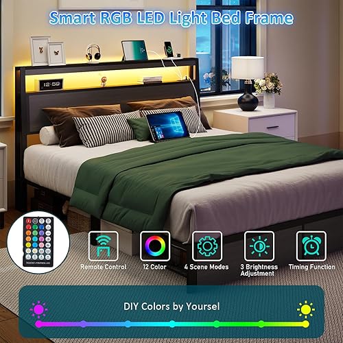 Miniatura 3 de SADENICEL Base de cama de tamaño matrimonial con almacenamiento, plataforma de cama de madera LED con cabecero, 2 cajones, estación de carga, no