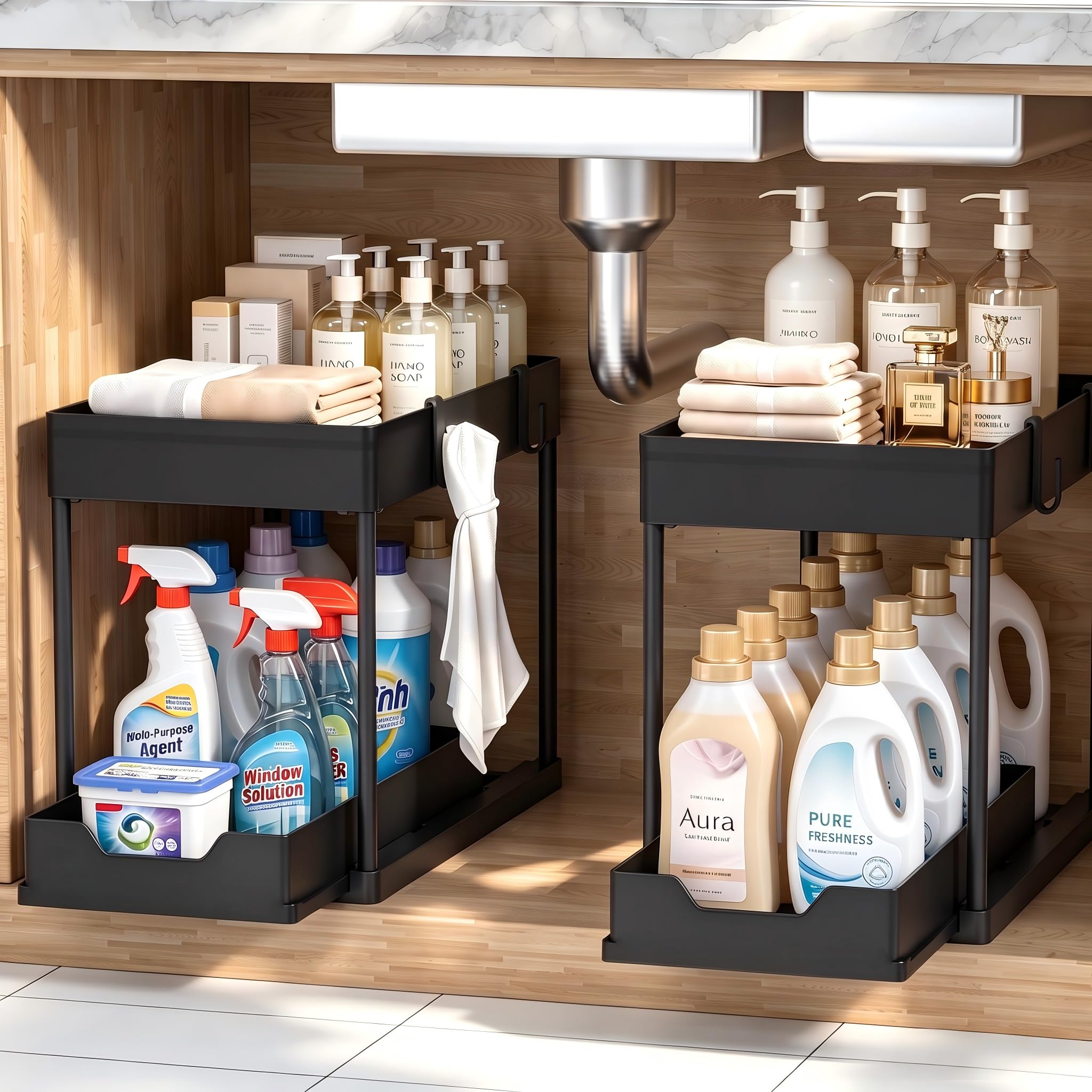 DEKAVA Under Sink Organizer 2 Pack, Bathroom Cabinet Organizer, 2 Tier Sliding Cabinet Basket Organizer Drawer, Multi-Purpose Bath Collection Baskets for Bathroom (Black)