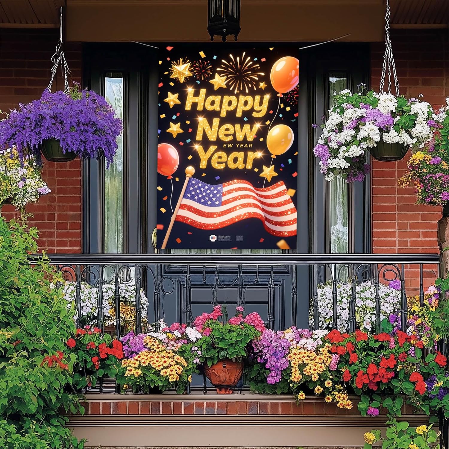 Happy New Year House Flag 28x40 Inch Double Sided Garden Flag American Flag Balloons and Fireworks Design Winter Holiday Yard Banner Large Outdoor Flag for Porch Lawn Home Decoration - Image 2