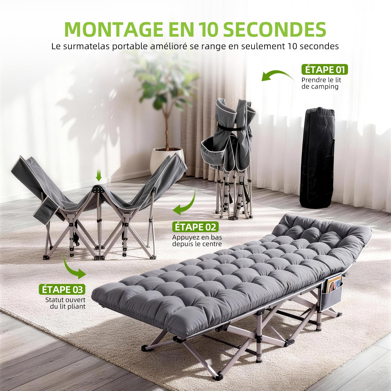 Lit de Camp Pliable avec Matelas Réversible 2 en 1 -Été et Hiver, Lit de Pliable Confortable Charge Jusqu'à 200Kg pour Camping, Les Voyages, la Maison, Jardin, Gris