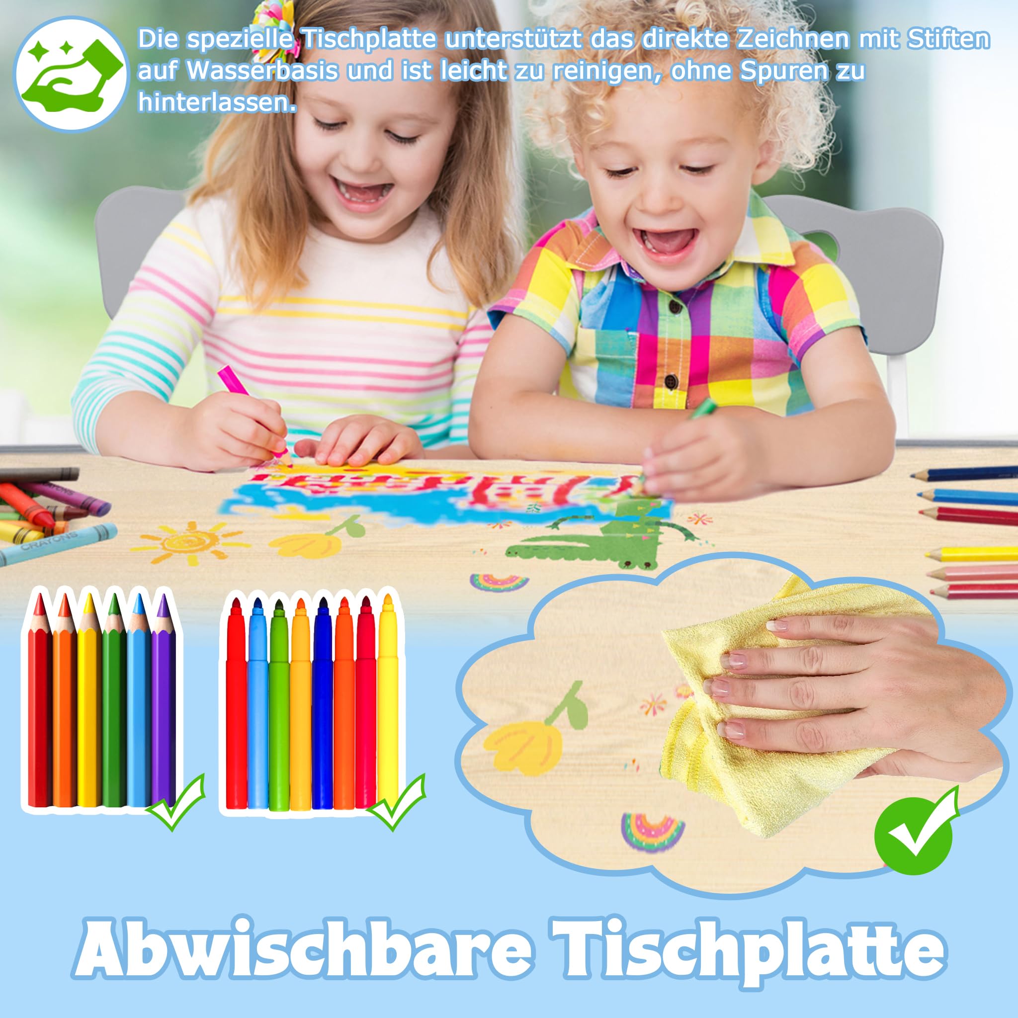 UISEBRT Kindertisch mit 4 Stühlen Kindersitzgruppe Höhenverstellbar Sitzgruppe für Kinder ab 2 Jahre, Tischset aus Kunststof Kindermöbel für Kindergarten und Kinderzimmer, Grau