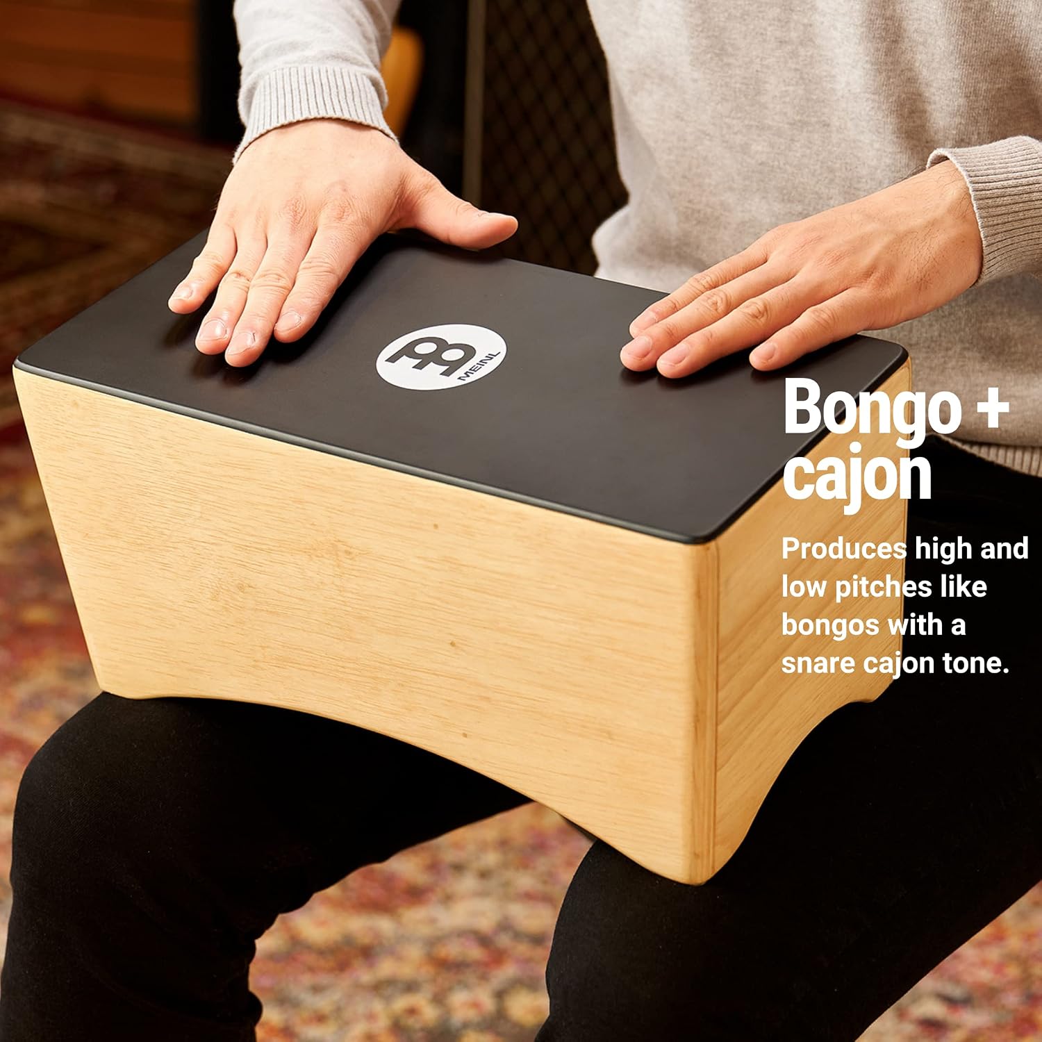 Meinl Bongo Cajon Box Drum with Internal Snares - NOT MADE IN CHINA - Ebony Black Playing Surface and Hardwood Body, 2-YEAR WARRANTY (BCA2NT/EBK-M)