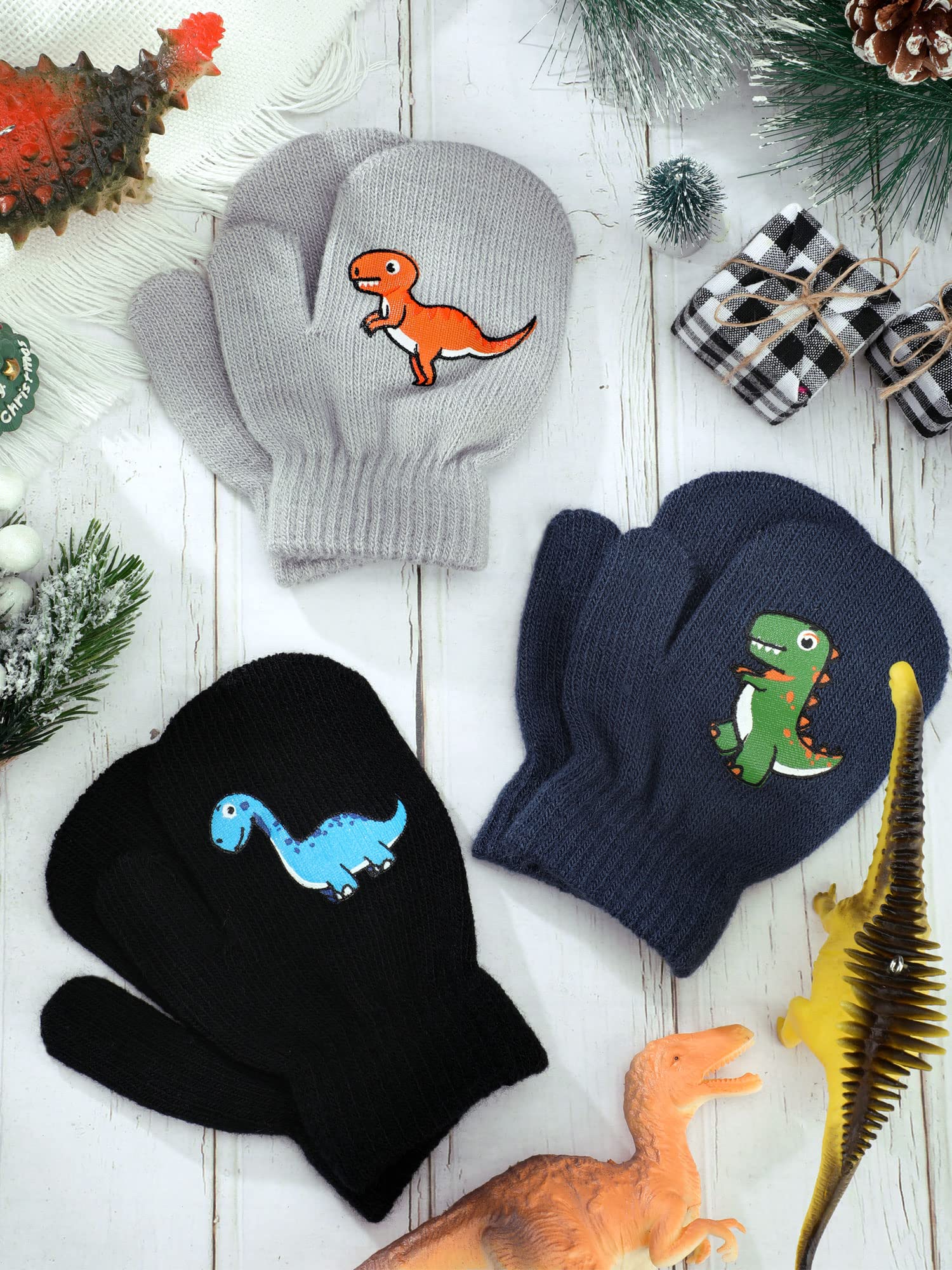 Geyoga 3 Pares Manoplas de Invierno para Niños Guantes de Punto Elástico Cálidos de Dinosaurio con Dedos Completos