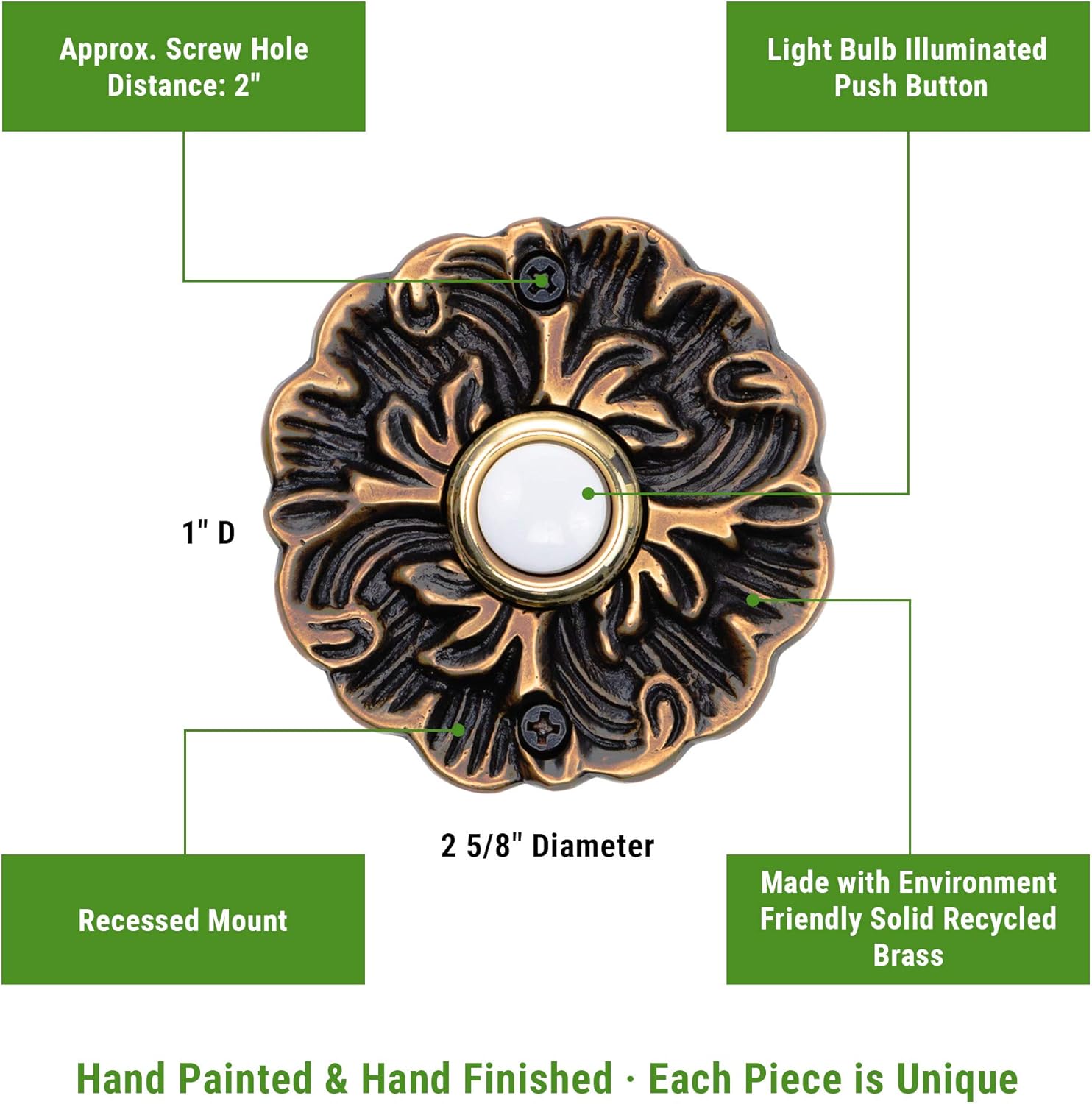 Waterwood Solid Brass Maya Doorbell in Antique Finish - Wired & Illuminated Push Button from Environmentally Friendly Recycled Material