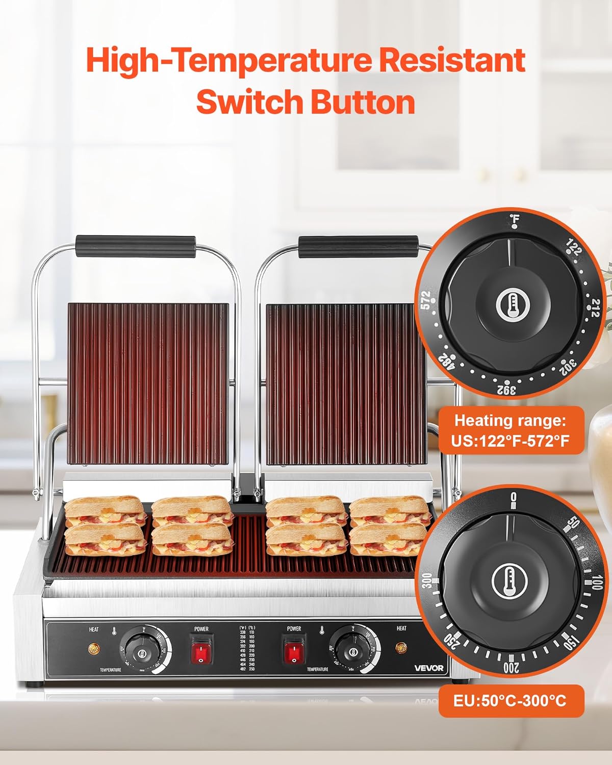 VEVOR Commercial Panini Grill, 3600W Electric Sandwich Panini Maker, Stainless Steel Double Sandwichs Press with Handle and Temp Control, 19x9 in Full Grooved Enamel Plate, for Hamburger Steak Bacon image 5 of 9 B0FJRGH3CK