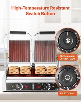 VEVOR Commercial Panini Grill, 3600W Electric Sandwich Panini Maker, Stainless Steel Double Sandwichs Press with Handle and Temp Control, 19x9 in Full Grooved Enamel Plate, for Hamburger Steak Bacon