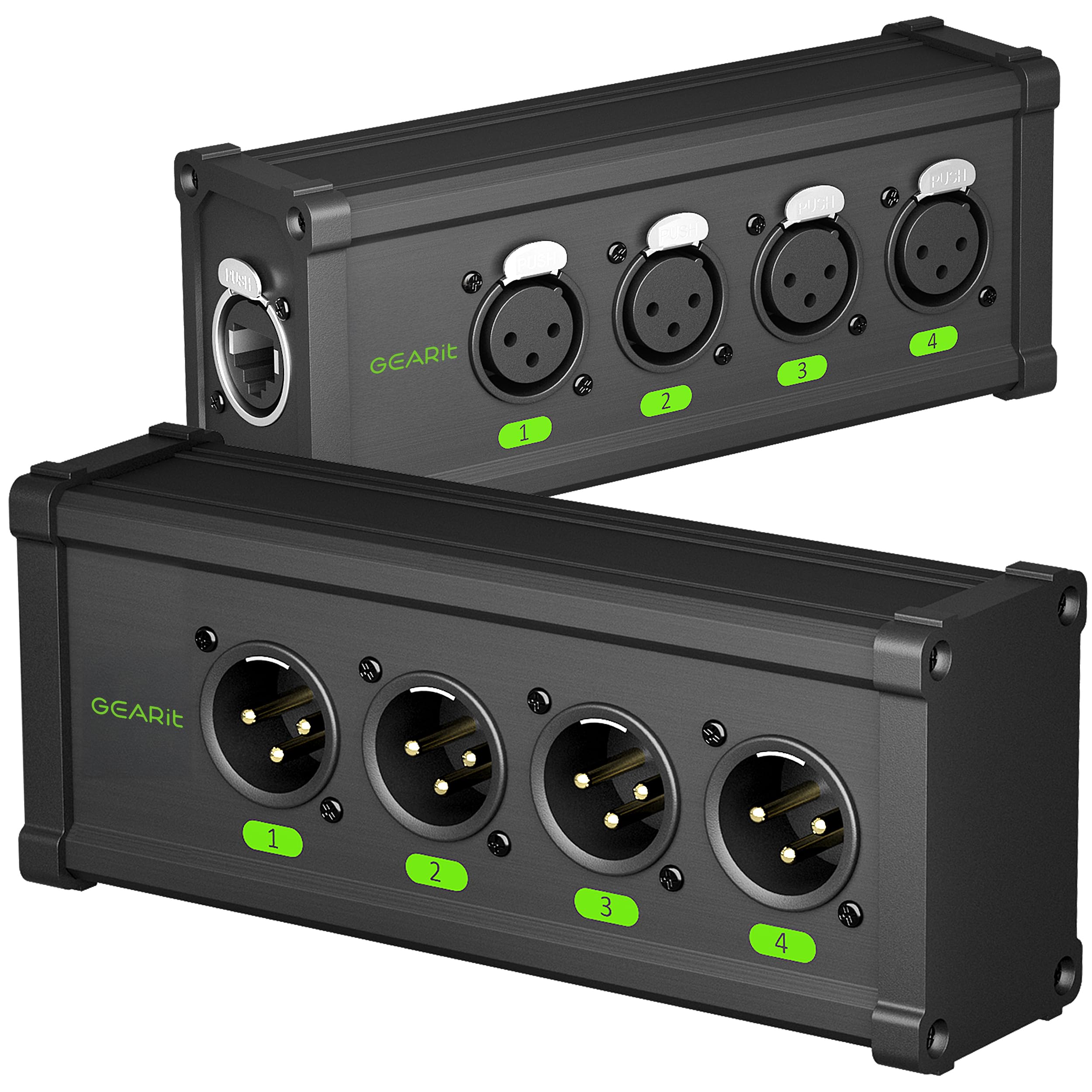 GEARit 4 Channel Multi-Network 3-Pin XLR/DMX/AES-EBU to Ethercon Compatible RJ45 Cat5/Cat6 Ethernet Extender for Live Stage, Sound, Lighting and Audio Recording Studio (1 Pair: 4XLR Male + 4XLR