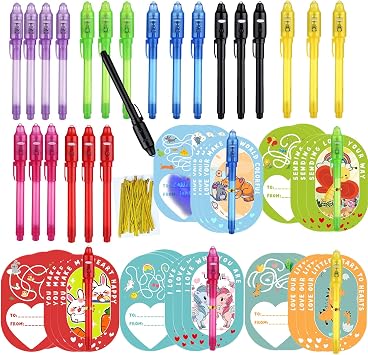 SCStyle 56 Pcs Party Favors | Valentines Day Cards 28Pcs and 28 Invisible Ink Pen with UV Light,Writing Secret Information Bag Gifts for Students Classroom Favors,Valentines Day for Kids Gifts Set