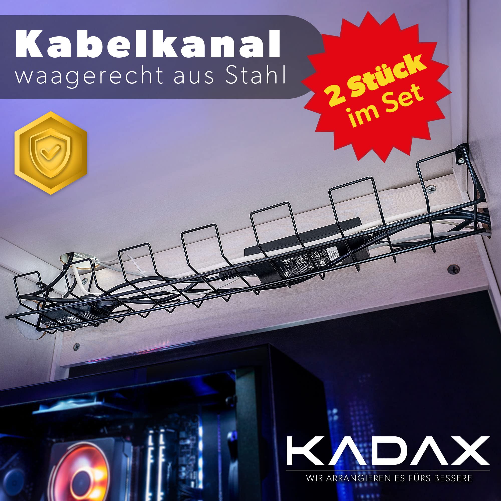 KADAX Portacavi per Scrivania, Sistema di Gestione dei Cavi in Acciaio, Organizzatore per Fili, Cable Management, Accessori Ufficio (Nero, Set di 2)