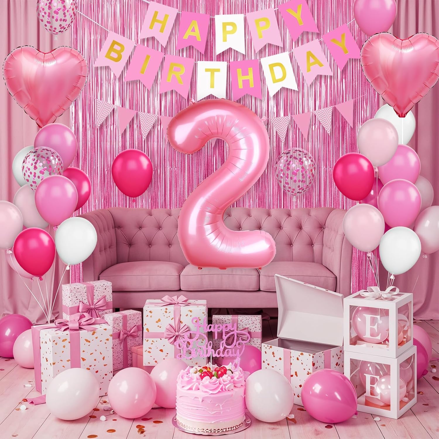 2nd Birthday Decorations for Girls, Hot Pink Balloons with Happy Birthday Banner, Fringe Curtain, Cake Topper, Glue, Ribbon - Image 4