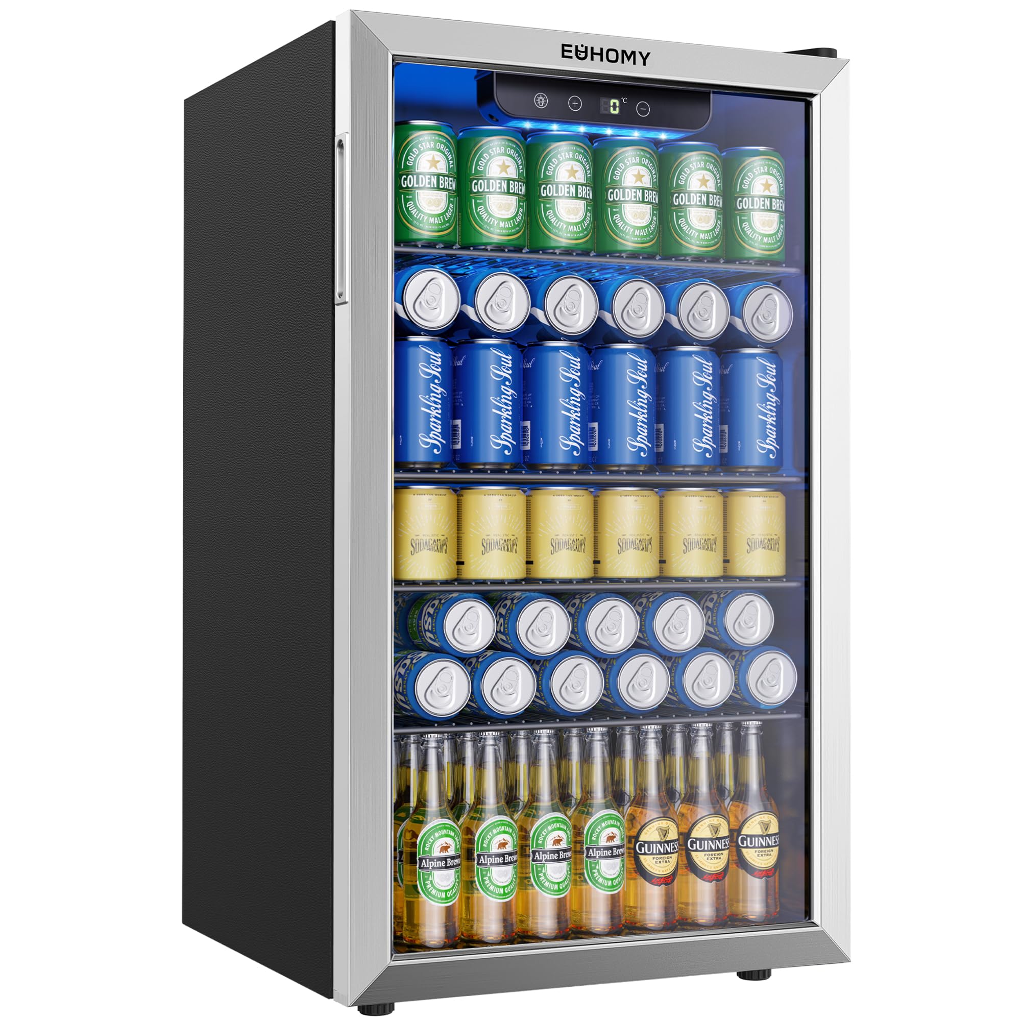 EUHOMY Frigorifero per bevande, mini frigo per 126 lattine con porta in vetro, piccolo frigorifero con ripiani regolabili per limonata, birra o vino, perfetto per casa/bar, ufficio, argento, acciaio
