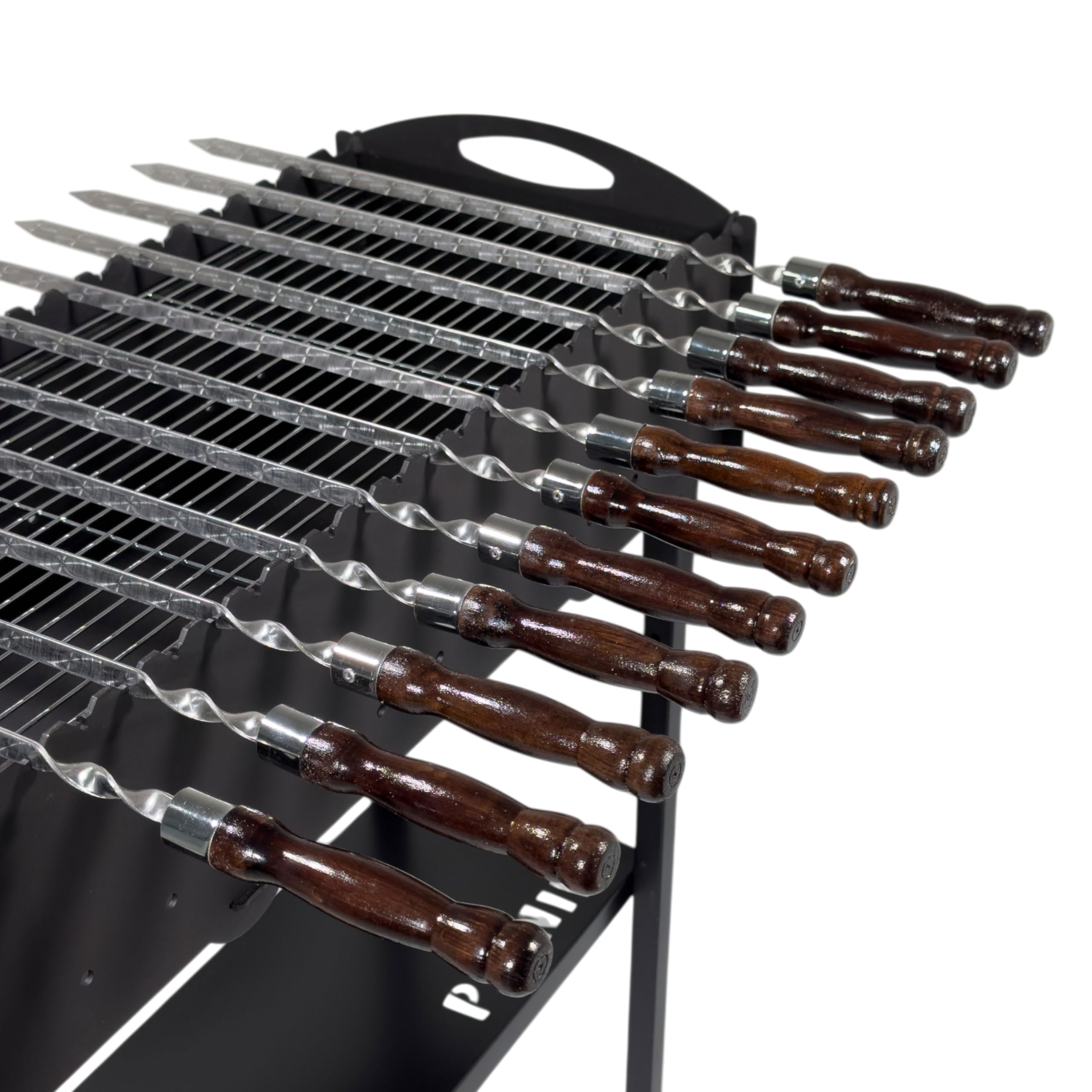 Set di 6 spiedini premium in acciaio inox, 63 cm, con manico in legno laccato, doppio sigillato, antiruggine e di alta qualità per barbecue, kebab, verdure e carne