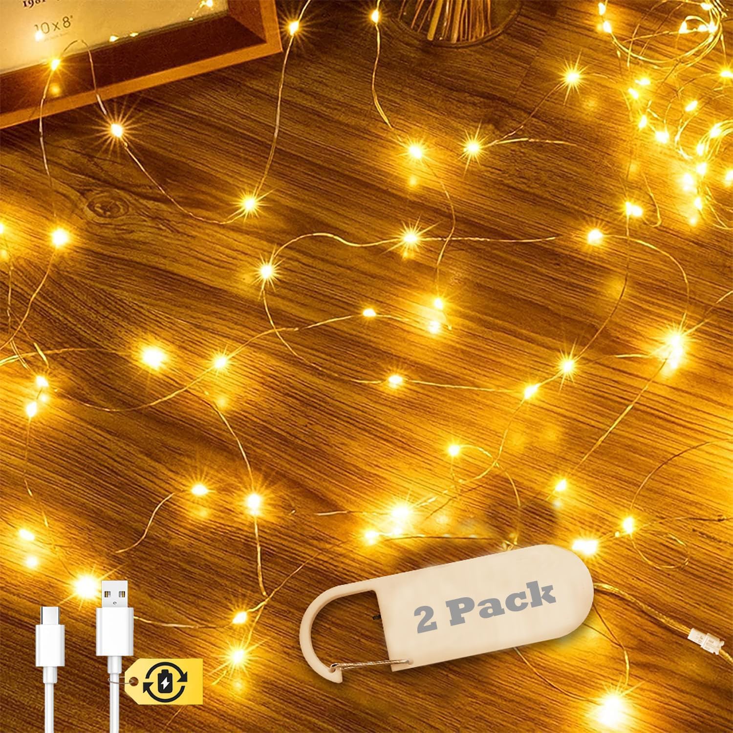 Dekukar LED Fairy Lights, Rechargeable String Lights, Waterproof Copper Wire Light for Indoor Outdoor Lighting, Christmas Tree Bottle Bedroom Party Wedding Decoration (10m 100Leds, 2 Pack)