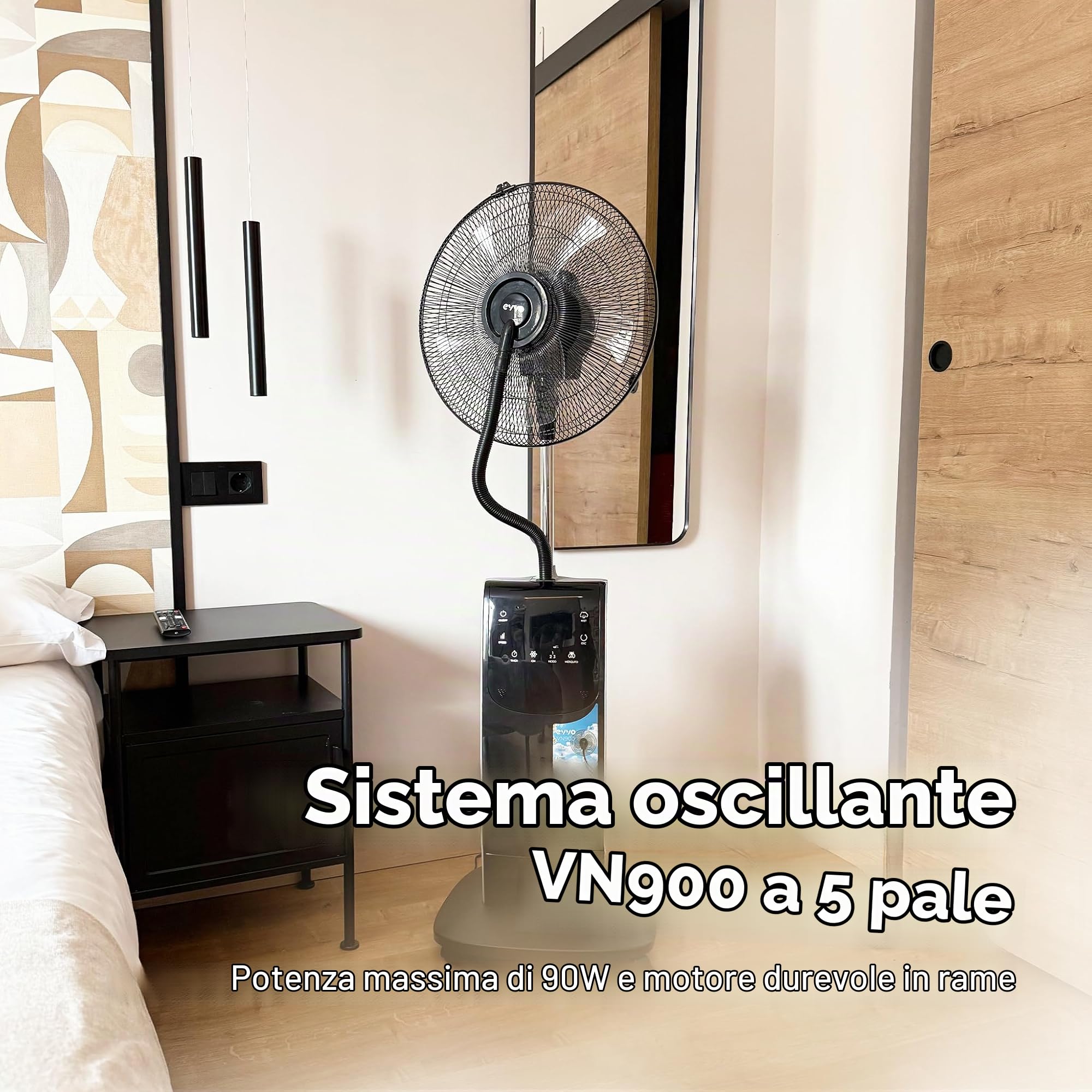 EVVO Ventilatore Nebulizzatore 90 W, telecomando, silenzioso, 5 pale 40 cm diametro, serbatoio d'acqua 3,1 l, timer, ionizzatore, funzione anti-zanzara, (VN900)