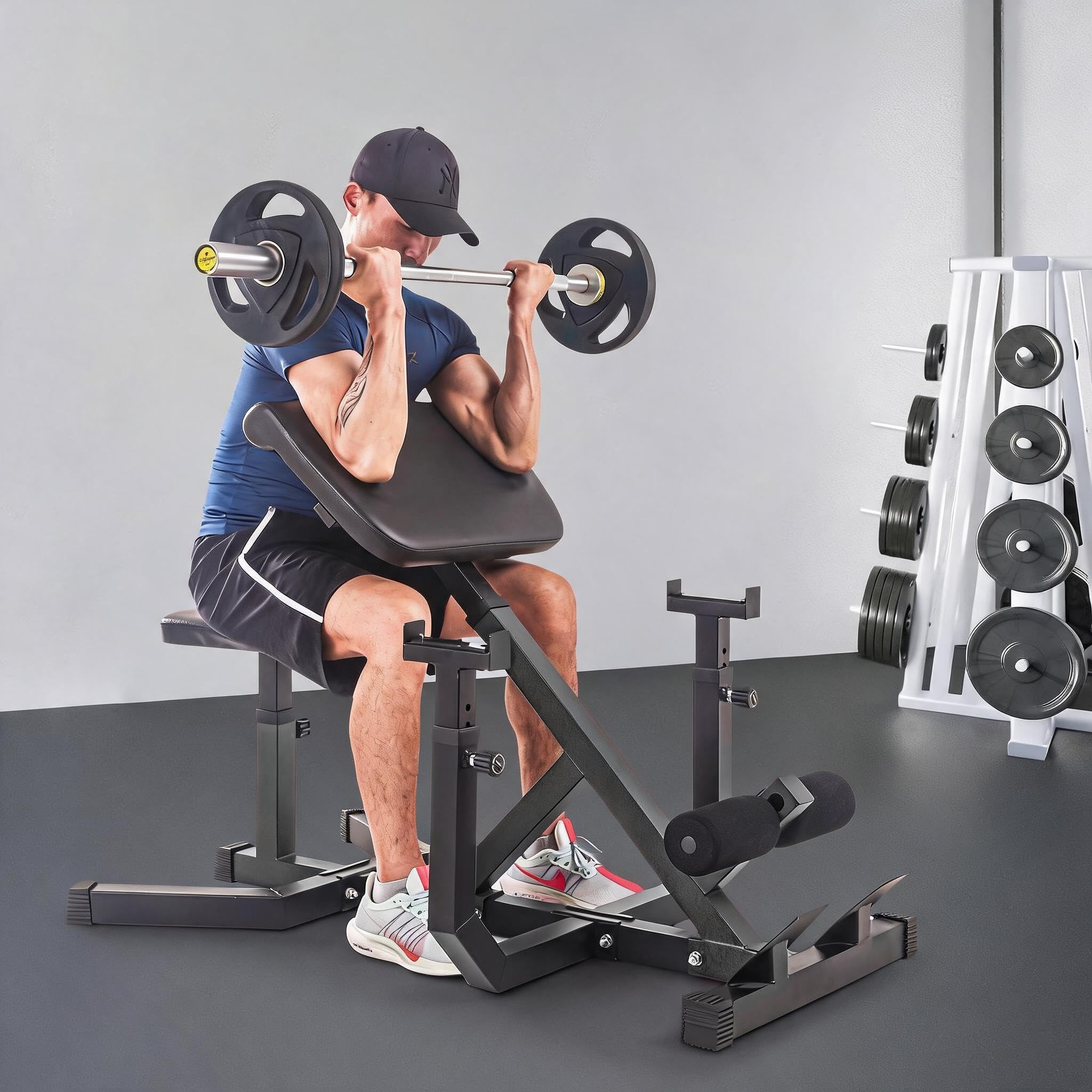 Sedia romana resistente 2 in 1 e panca da preacher Wave, panca fitness regolabile per iperestensione con supporti per bilanciere, forza completa del corpo, braccia, addominali, schiena