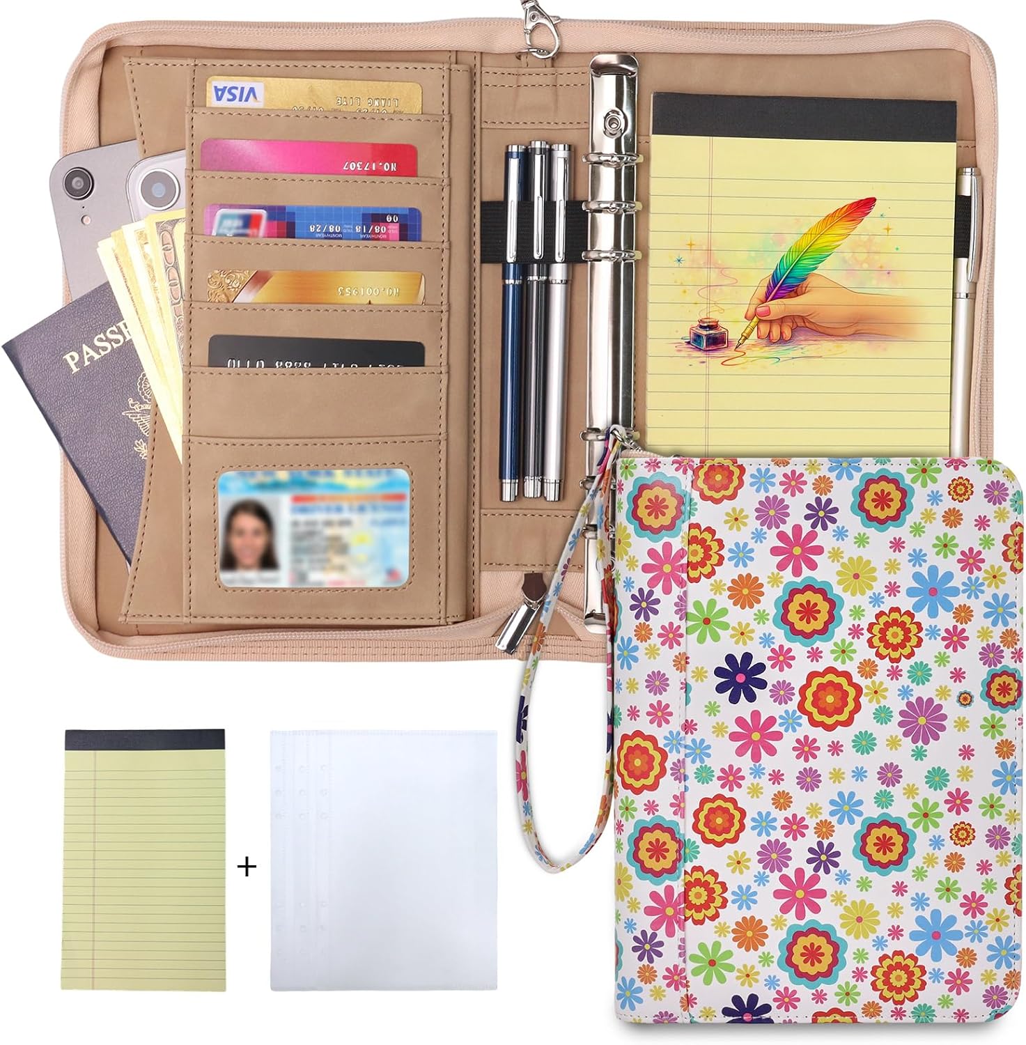 A5 Binder 6 Ring with Zipper, Planner & Journal Notebook Cover with Notepad, PU Leather Portfolio Binder Organizer, Detachable 6-Ring Loose Leaf Budget Binder for Study, Travel & Gift (White)