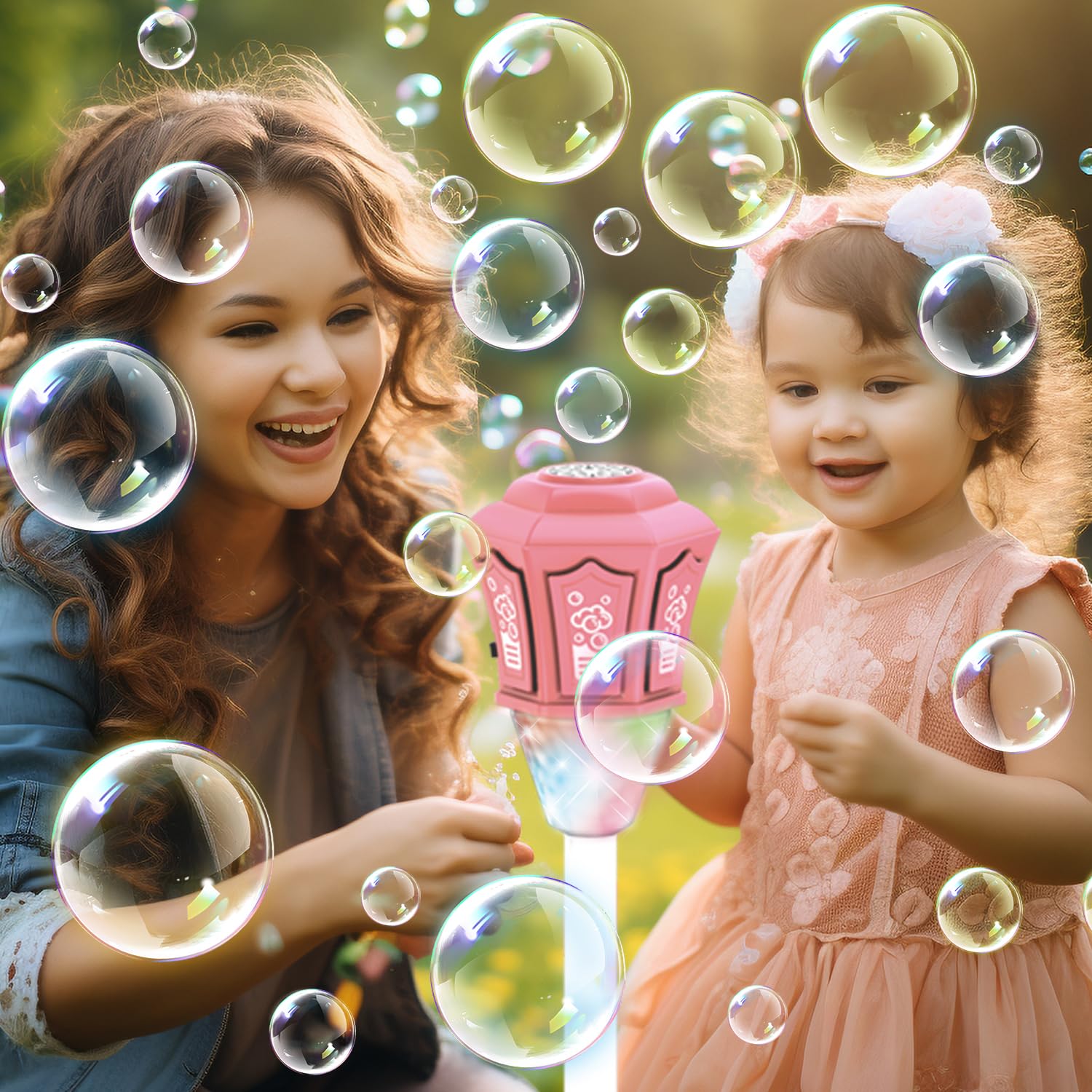 Lámpara de Jardín Bubble Torch con Luz y Música,Altura Regulable 52-115 cm,Máquina de Burbujas Recargable para Exteriores con Mando a Distancia para jardín (Rosa)
