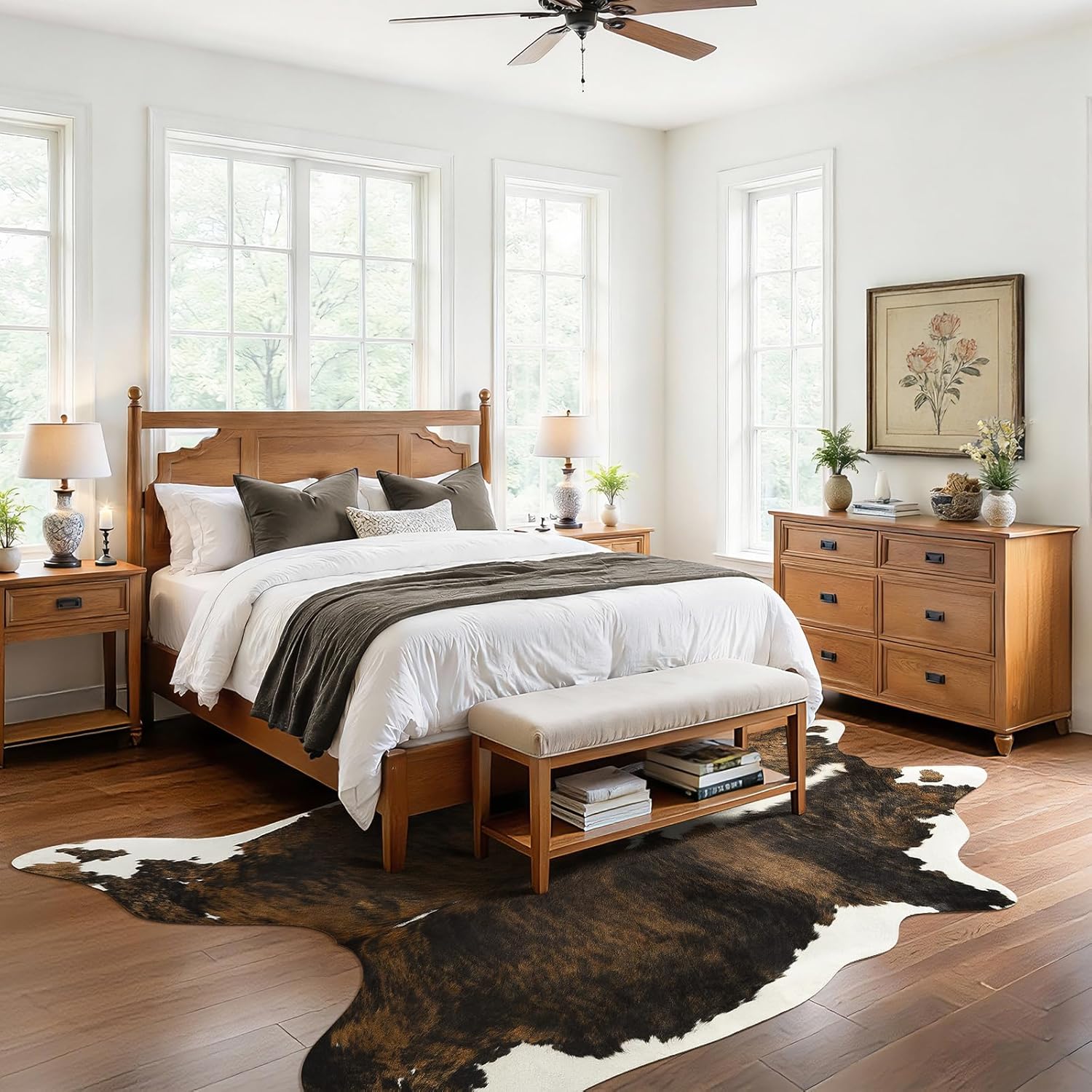 BENRON Premium Cowhide Rug, Faux Cow Hide Rugs for Living Room Bedroom, Cute Animal Hides and Skins for Kids Nursery Western Home Decor, Brown, White, 4.6 x 5.2ft