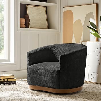 HULALA HOME Chenille Swivel Accent Chair, Fully Assembled, Comfy Upholstery Barrel Armchair with Sturdy Solid Wood Base, Black
