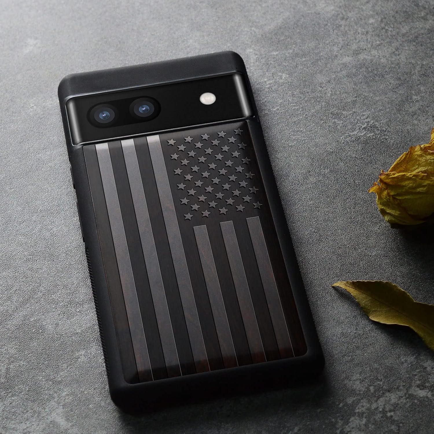 Carveit Wood Case for Pixel 6a - Natural Wood & Black Soft TPU Shockproof Protective Cover - Unique & Classy Wooden Case - Compatible with Google Pixel 6a (American Flag-Blackwood)