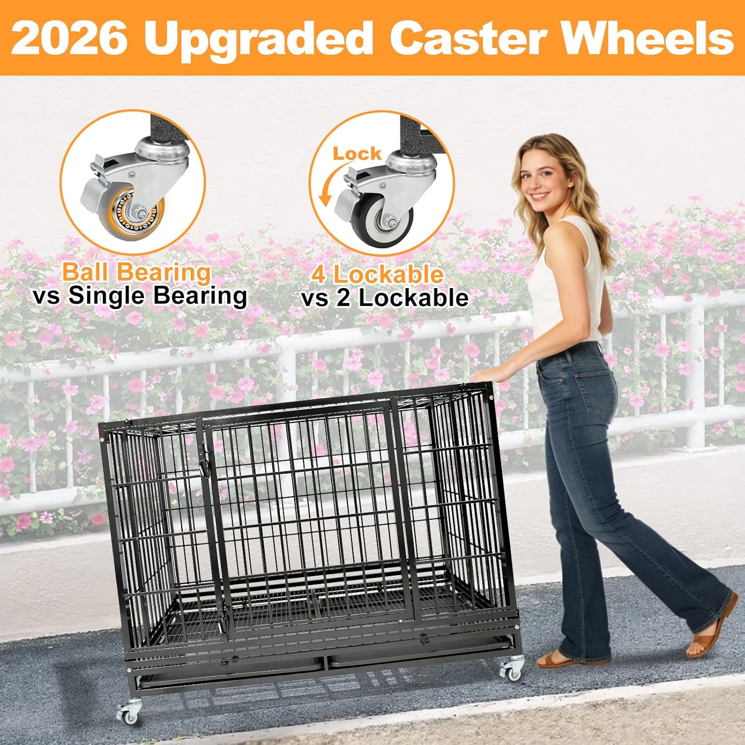 Homey Pet Heavy Duty Dog Crates for Large Dogs, 47 Inch Stackable Large Dog Crate Cage with 4 Wheels, 2 Removable Trays and Grids, 2 Bowls, Multi Locks Strong & Solid Escape Proof Dogs Kennel Indoor