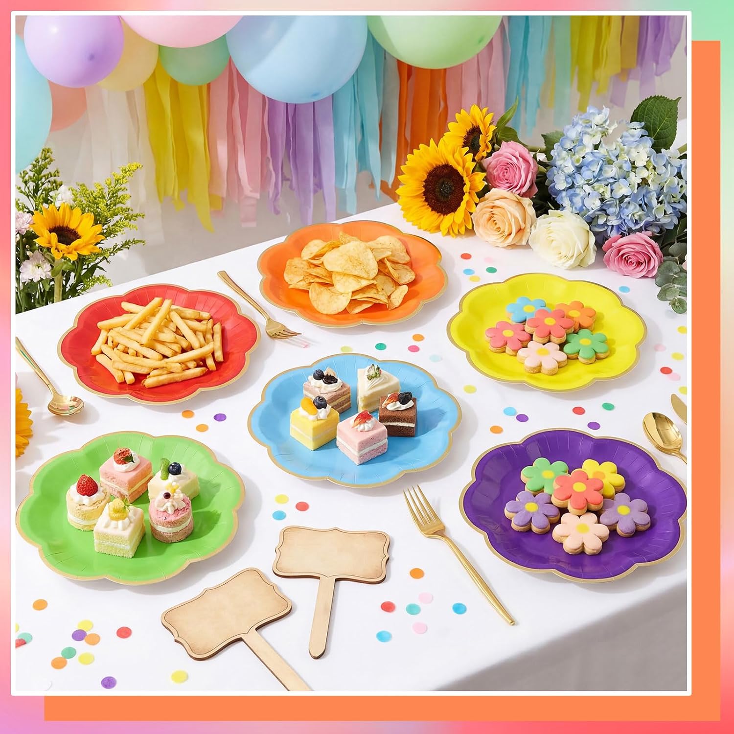 60 Pcs Colorful Paper Plates, 7 In Disposable Dessert Plates with Gold Edge image 4