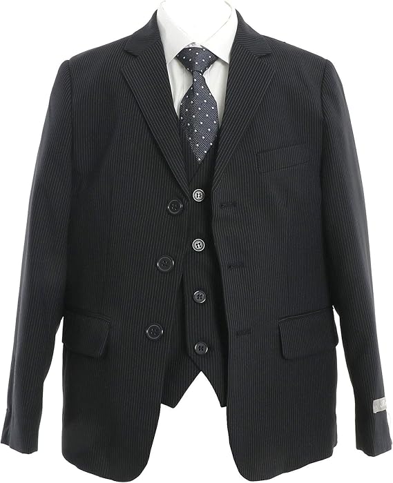 Amazon 子供フォーマルスーツ 卒業式 入学式セット 小学生 中学生 男の子 ５点セット スリーピース 白カッタ シャツ ネクタイ ネイビー ピンストライプ 間隔細め 3つボタン フォーマル 通販