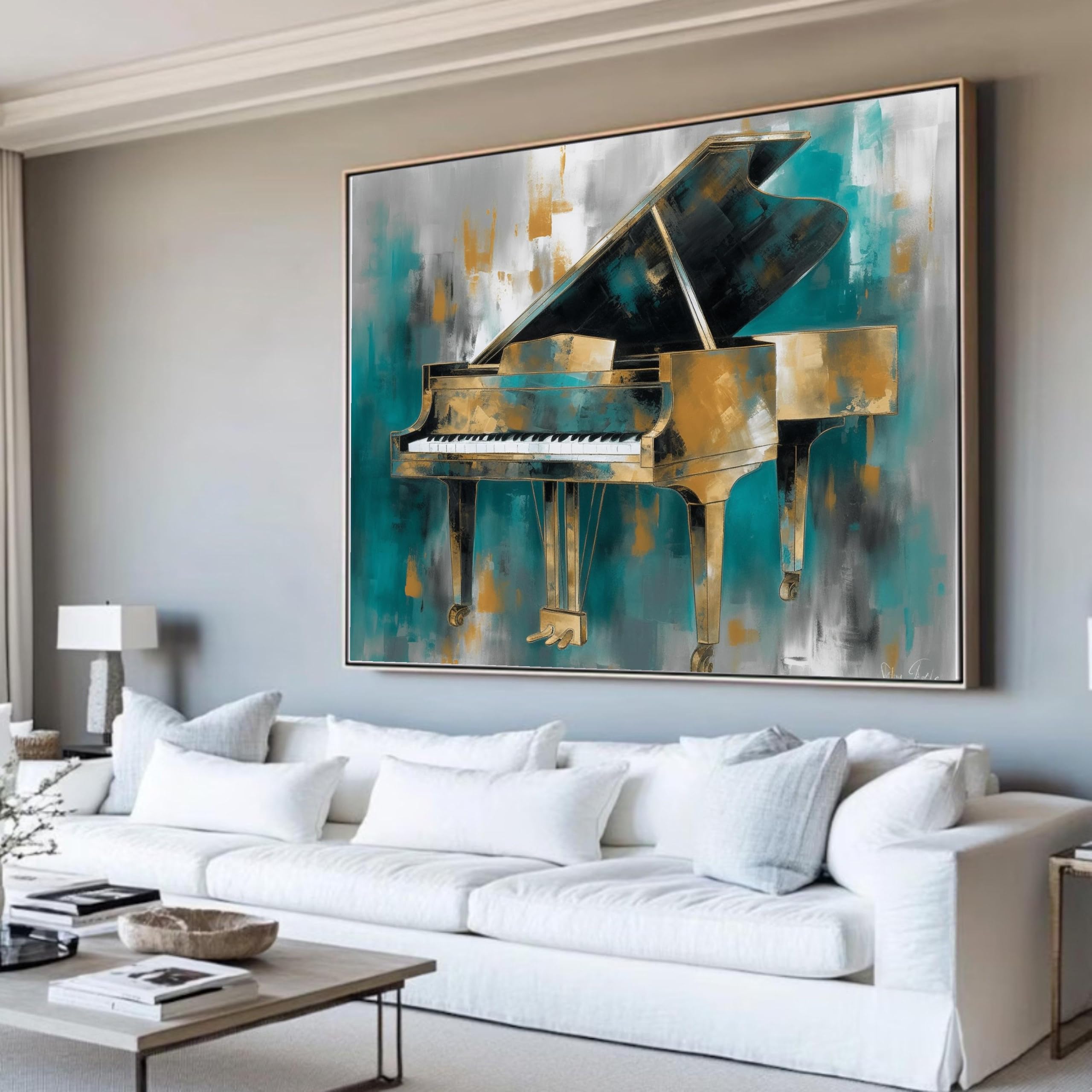 Yusuzhu Frameless Grand Piano Canvas, Abstract Music Art, Blue Gold Wall Decor, Instrument Painting, Living Room Canvas Wall Art Pictures(30X40cm/Frameless)